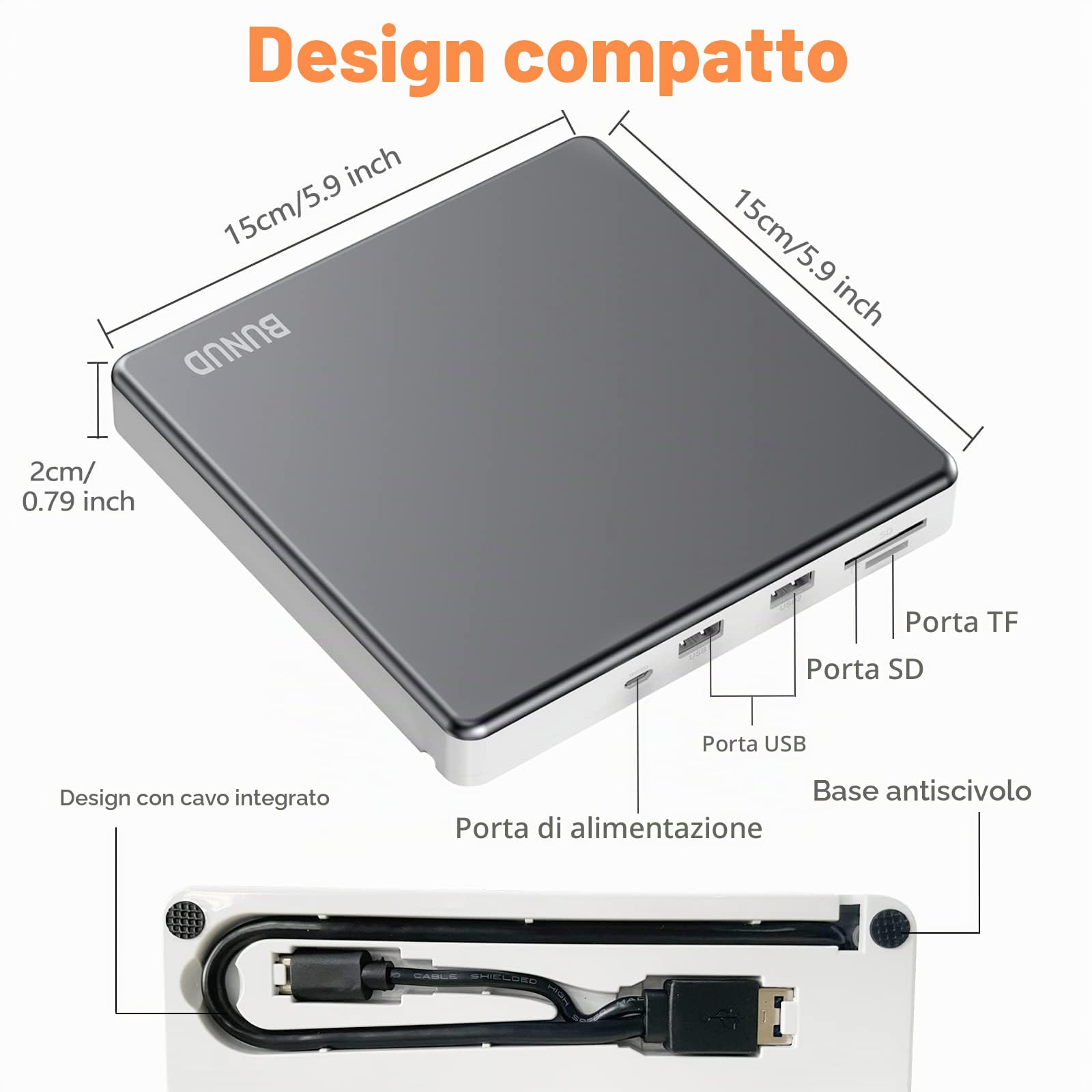 Blu-Ray Masterizzatore Writer CD DVD USB 3.0 & Type-C 2 slot USB & SD/TF, ottico 3D BD per PC Laptop Windows 11/10 Mac