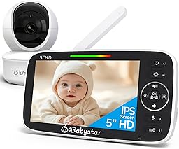 Babystar Babyphone avec caméra Écran 5 Pouces HD 720P Moniteur bébé sans WLAN, Batterie 4000mAh, Rotation de 355° Camera Bébé, Vision Nocturne, VOX, Température, Talkie-Walkie, 8 Berceuses