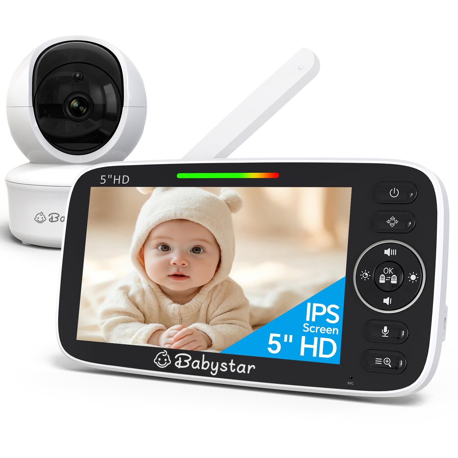 Babystar Babyphone avec caméra Écran 5 Pouces HD 720P Moniteur bébé sans WLAN, Batterie 4000mAh, Rotation de 355° Camera Bébé, Vision Nocturne, VOX, Température, Talkie-Walkie, 8 Berceuses - 1