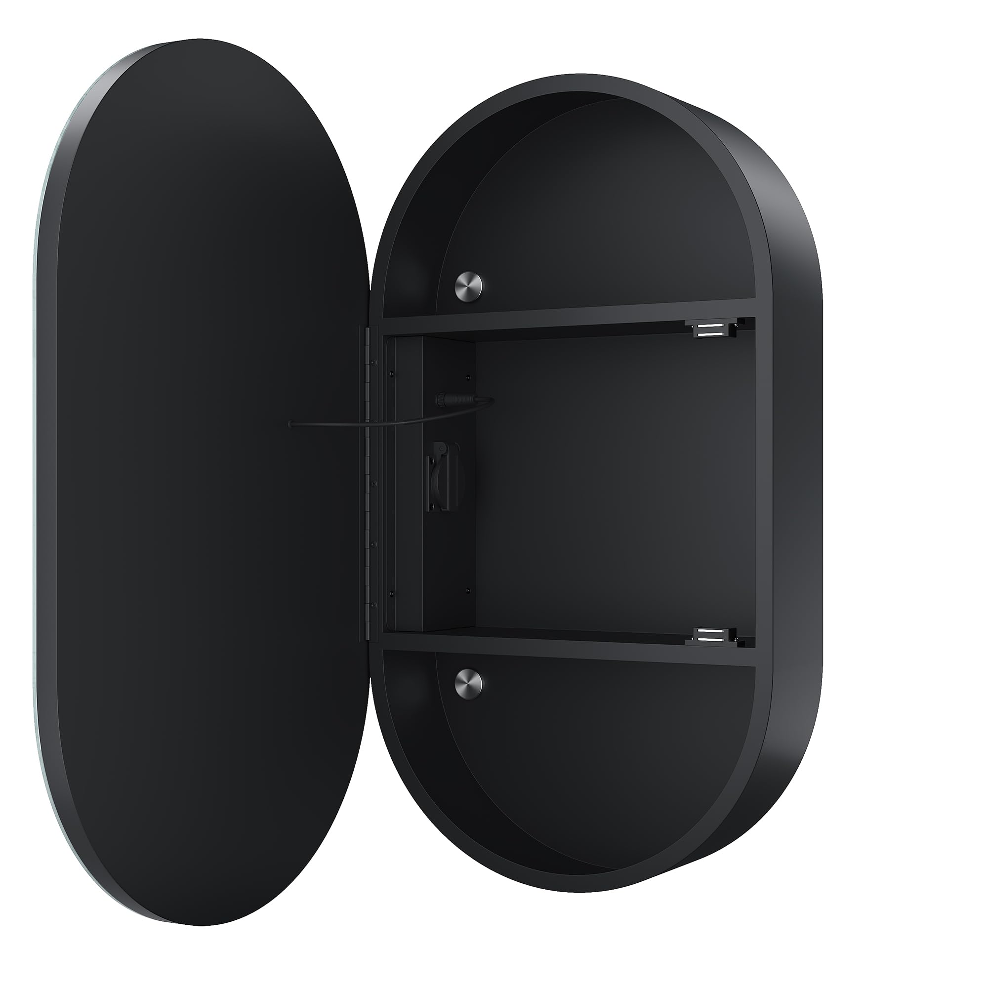 SONNI Armadietto a specchio da bagno con illuminazione e presa LED, interruttore touch, dimmabile, 3 colori luce regolabili, anti-appannamento, ovale, 40x70 cm, nero opaco