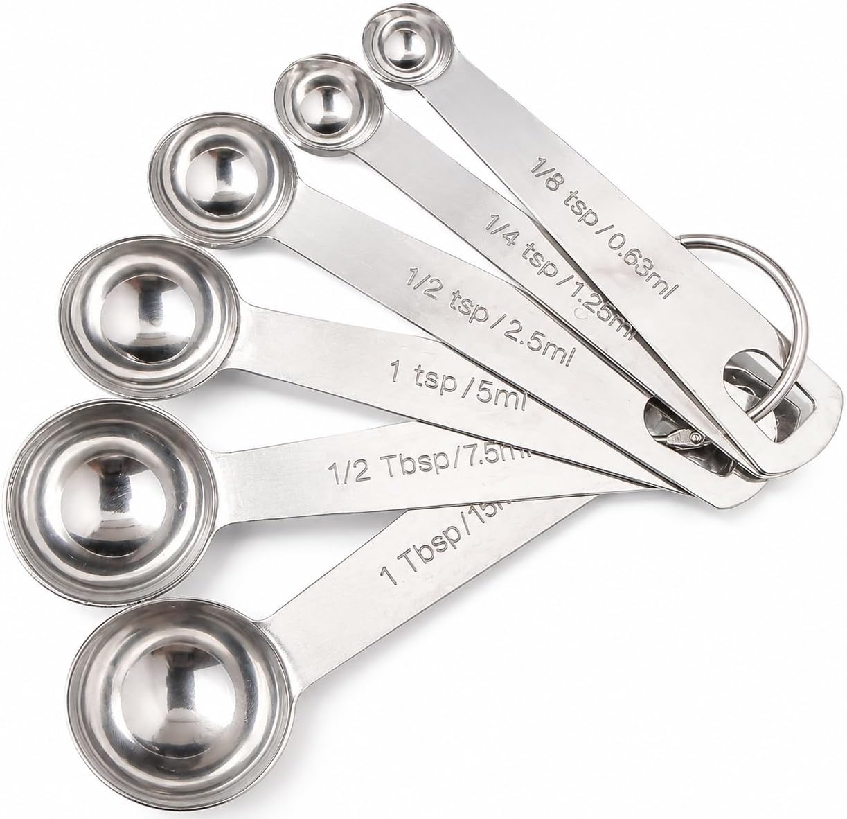 Stainless Steel Measuring Spoons Set of 6, Metal Measuring Spoons with Engraved US & Metric Measurements, Stackable with Ring Connector, Dishwasher Safe for Baking & Cooking