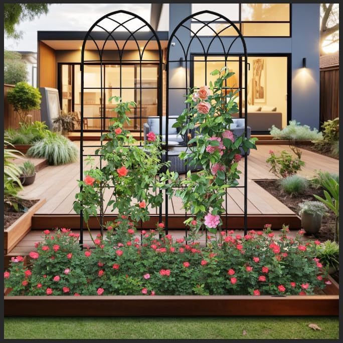 Miniatura 5 de LZRS Paquete de 4 adornos de arco de hierro rústico de 71 x 20 pulgadas, enrejado de jardín con revestimiento de metal negro, perfecto para apoyar