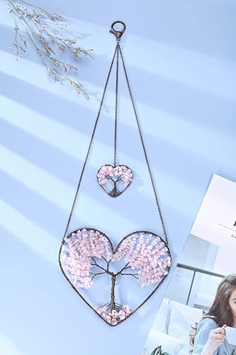 Vista 17 de PESOENTH Amatista corazón vida árbol atrapasueños adorno colgante bohemio púrpura doble corazón árbol de la vida vida arte pared ventana coche Árbol