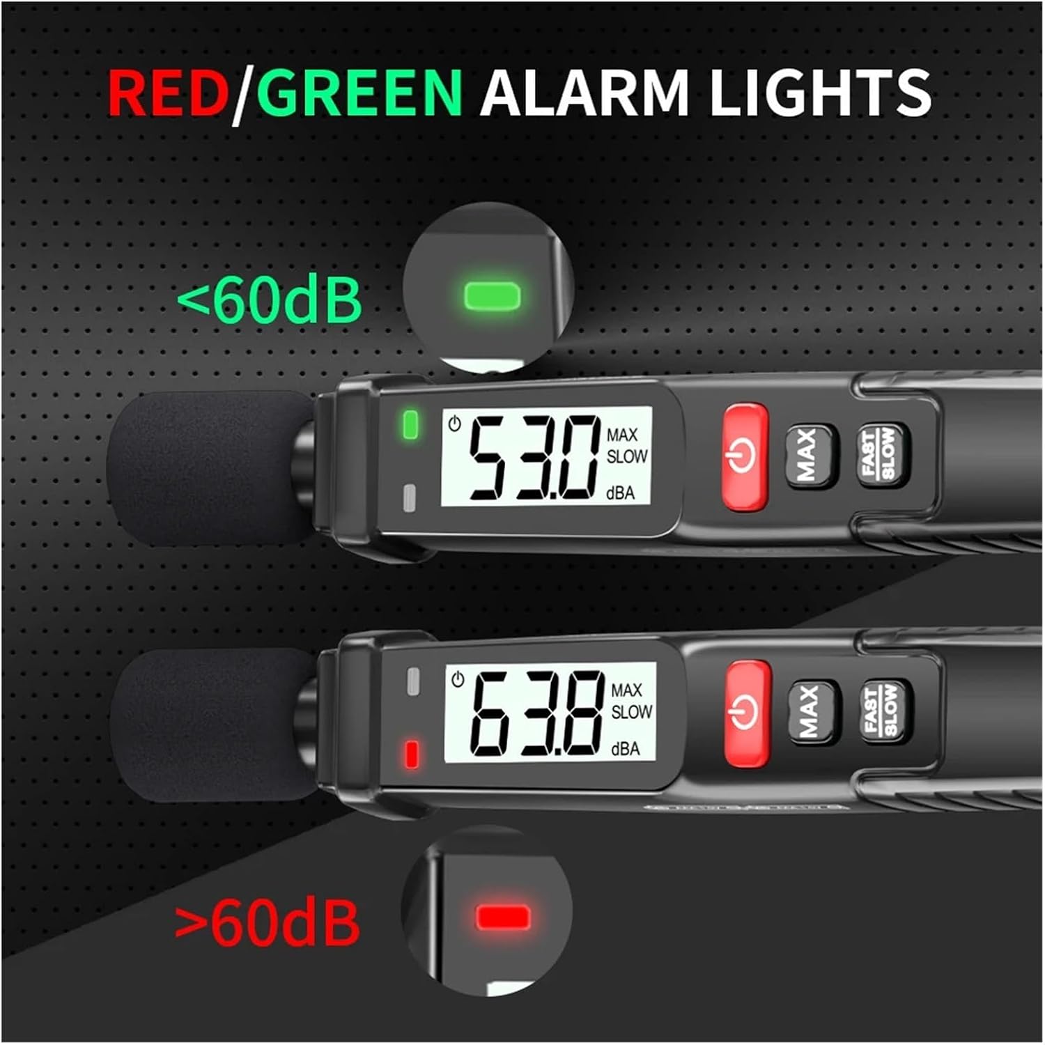 FY8862 Sound Level Meter showing green light for under 60dB and red light for over 60dB