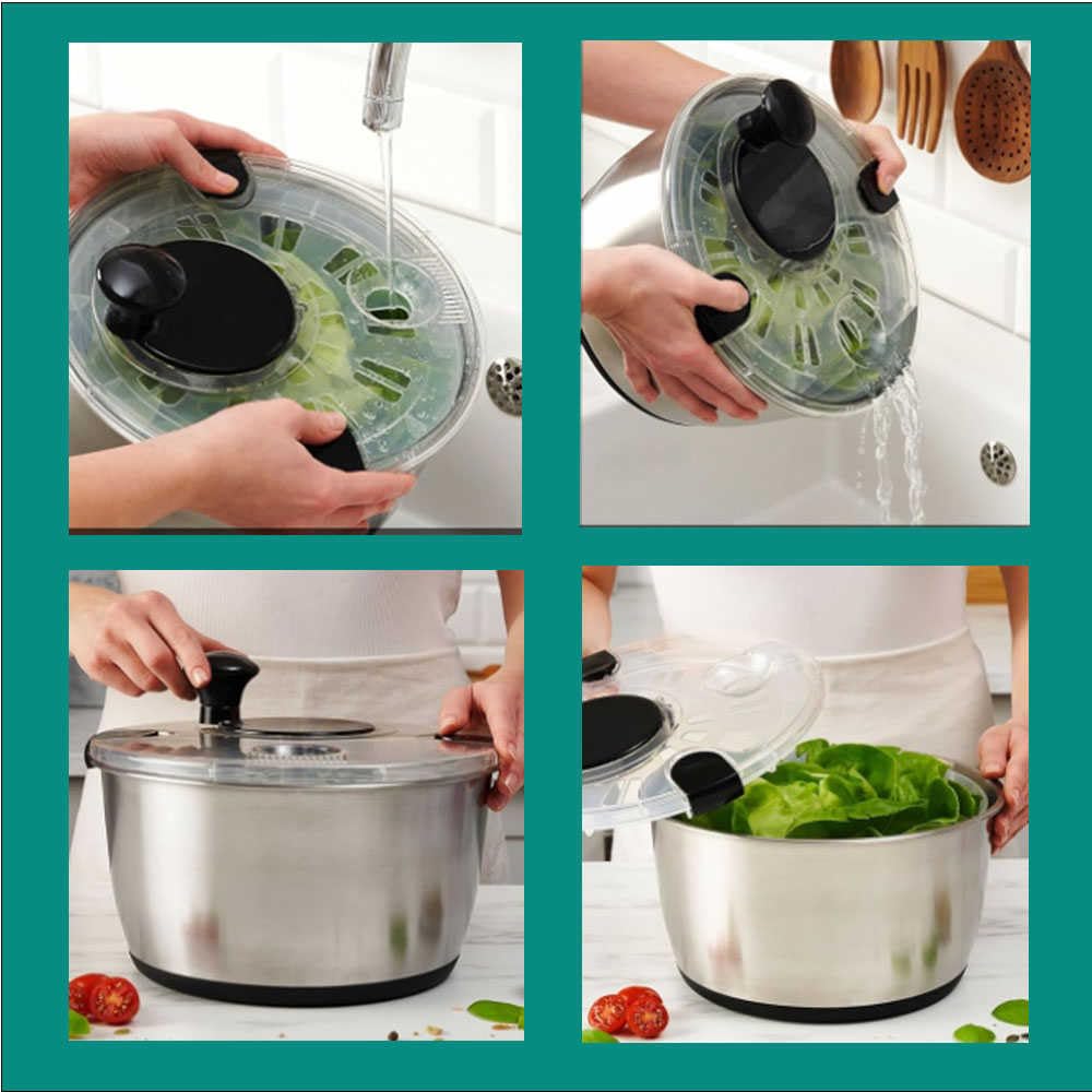 Essoreuse à salade en acier inoxydable - Grand lave-légumes - Lave-vaisselle et séchoir à légumes - Outils de cuisine simples et compacts - Bol, égouttoir et passoire en acier inoxydable - Essoreuse à