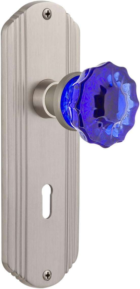 Nostalgic Warehouse 722766 Deco Plate with Keyhole Single Dummy Crystal Cobalt Glass Door Knob in Unlaquered Brass