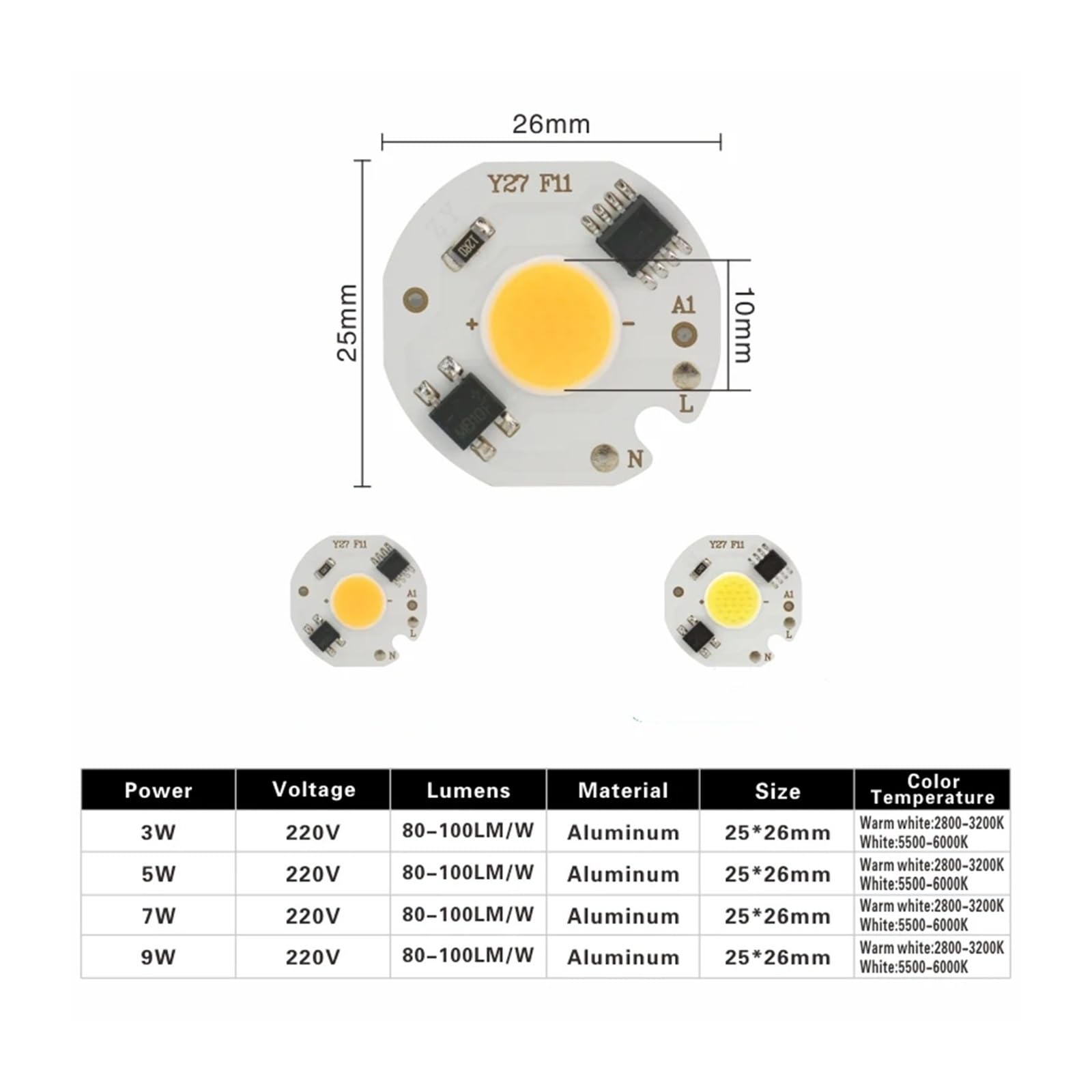 10 piezas/lote 3W 5W 7W 9W LED COB Chip Lámpara 220V IC inteligente No necesita controlador Bombilla LED for reflector Iluminación blanca fría/cálida(Cold White,220V_7W)