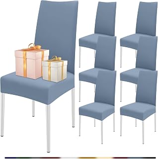 FIGOOO Fundas Sillas de Comedor Pack 6 Fundas para Sillas Ajustables Licra Cubiertas para Sillas Extraíbles Lavables Desmontables Fundas Protectoras para Sillas con Respaldo Altas(Gris-Azul,6pcs)