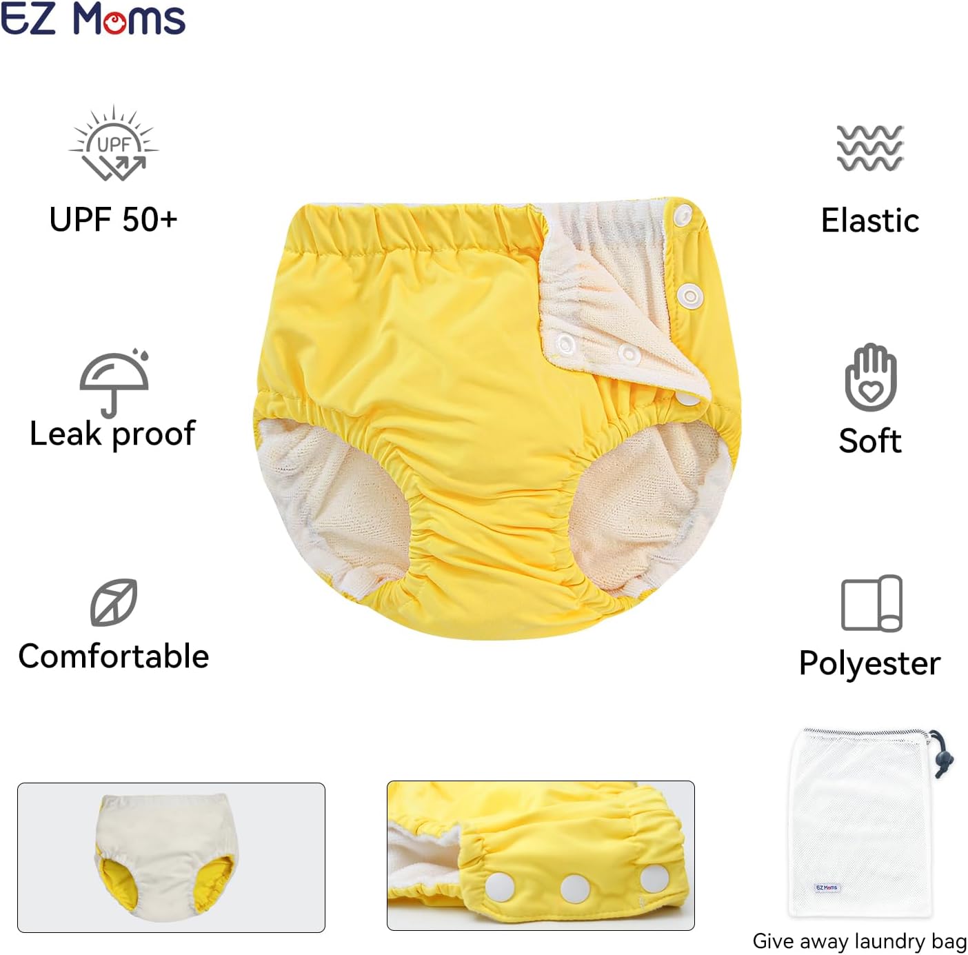 EZ Moms 2 Packs Reusable Swim Diapers Infant Baby Swim Diapers 6-9 Months Washable Snap Pool Swimming Diaper 3-6 Months Newborn Water Diaper for Swimming Lessons Boys and Girls with a Laundry Bag - Image 2