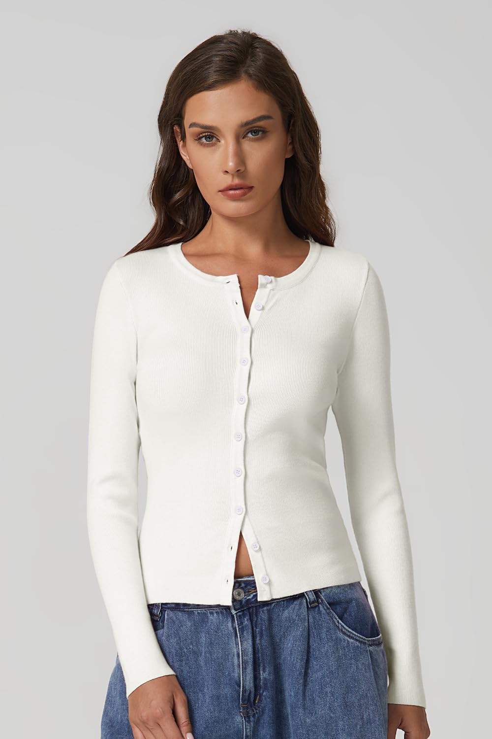 QINSEN Womens Long Sleeve Crewneck Cardigan Sweater Lightweight Button Down Knit Tops Outerwear - Image 4