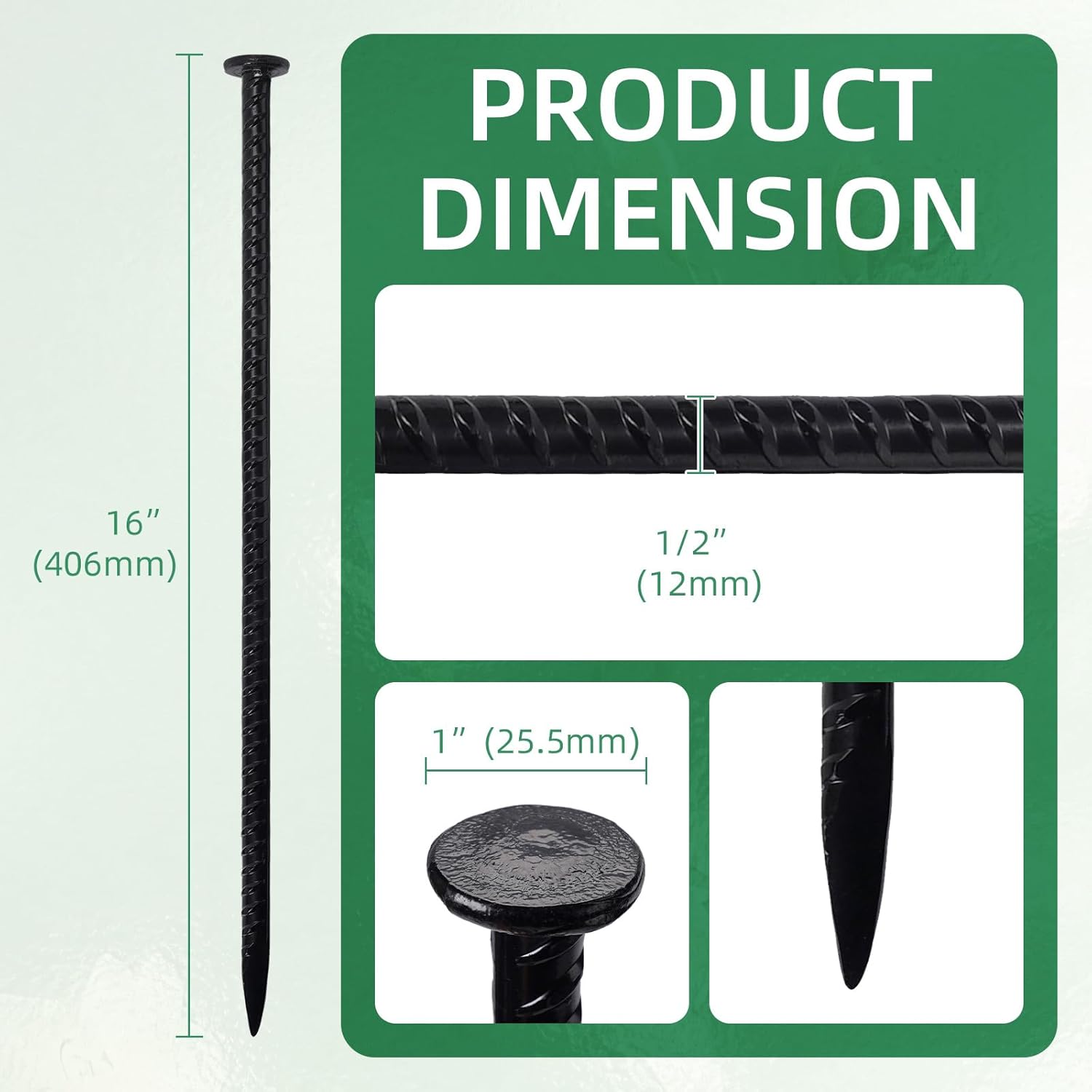 16 Inch Ground Spikes, Rebar Stakes, 1/2 Ground Stake, Galvanized Anchors, Metal Stakes for Ground (16Pcs, Black)