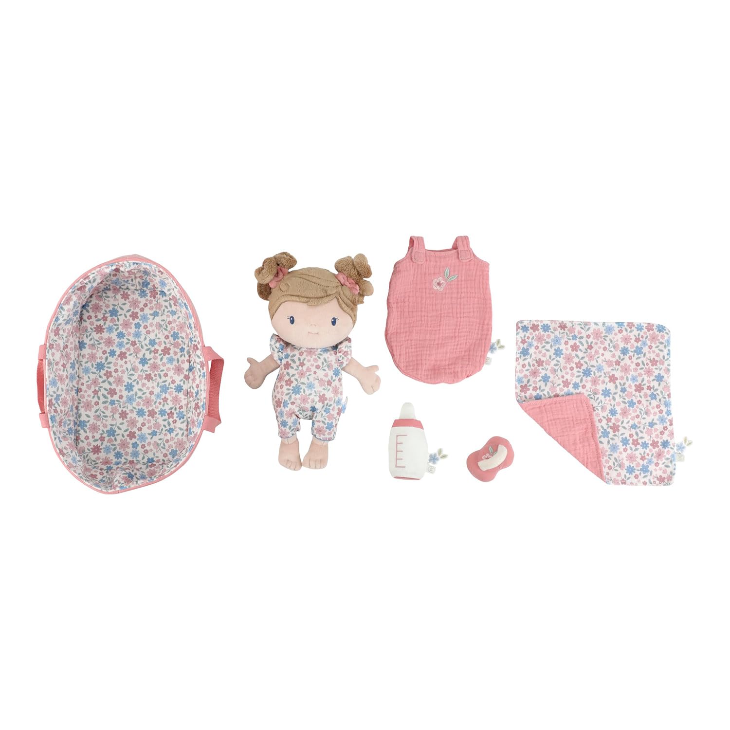Little Dutch Stoffpuppe Babypuppe Rosa im Tragekorb - mit magnetischem Schnuller und Trinkflasche - inklusive viel Zubehör - für Mädchen ab 12 Monate