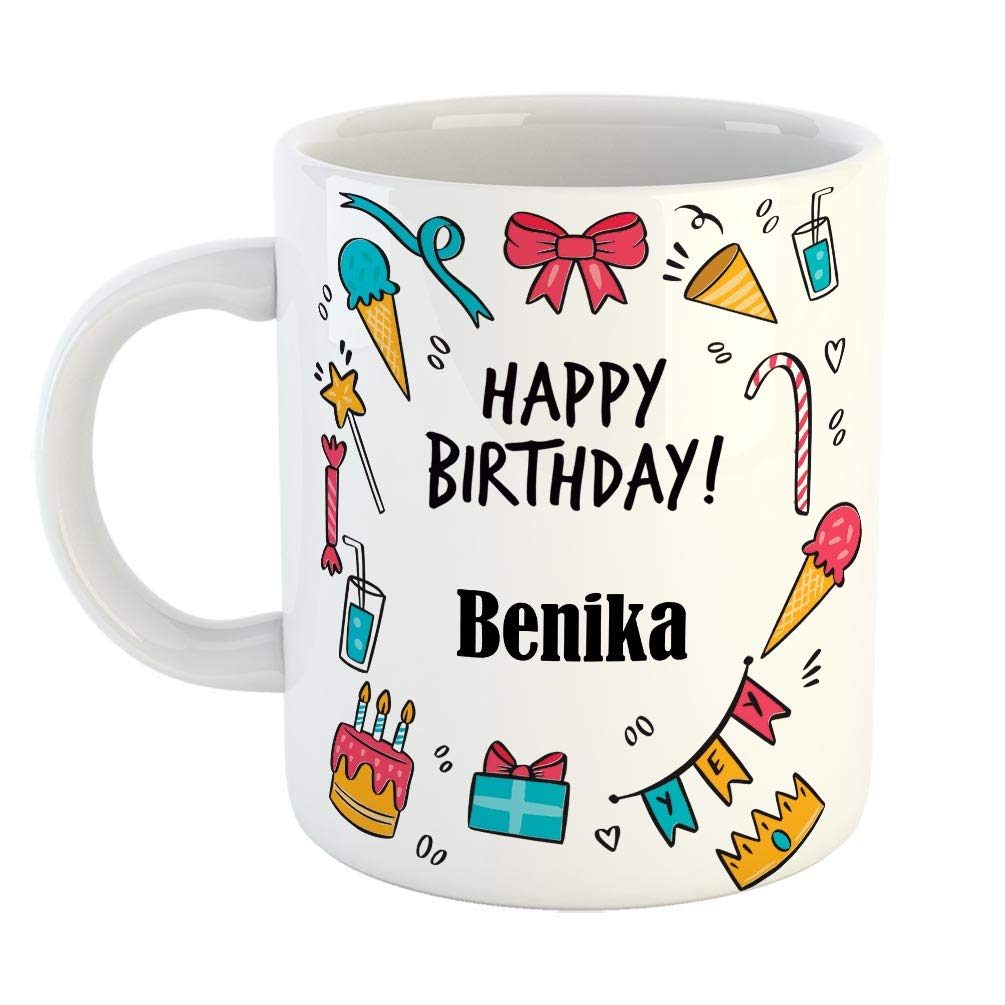 FurnishFantasy Ceramic Coffee Mug - Best Gift for Happy Birthday Mug , Color - White, Name - Benika