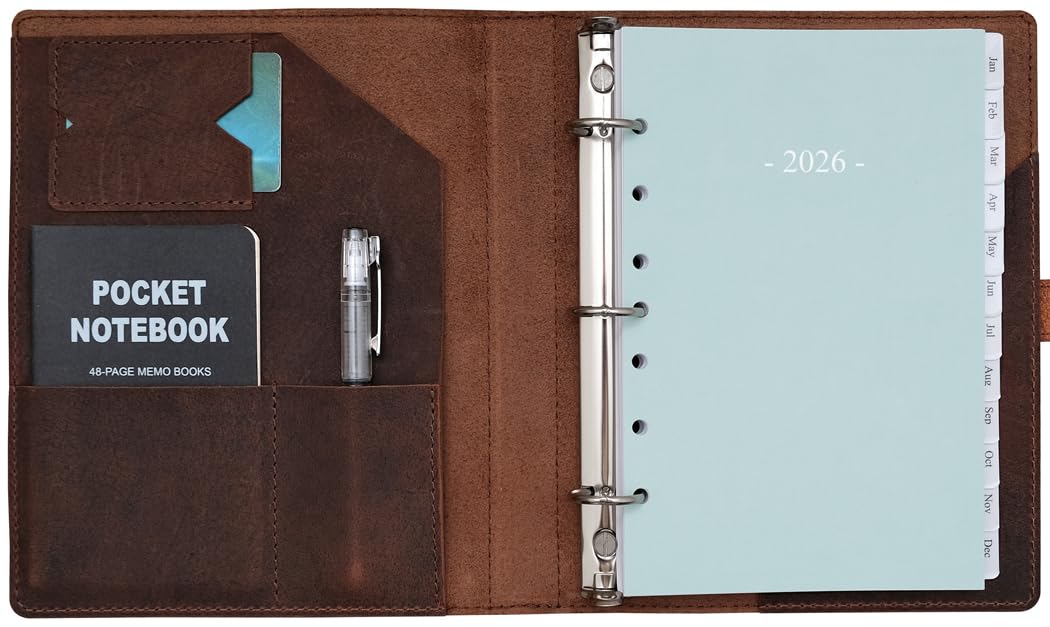 Fan&Ran 2026 Leather Planner 5.5"x8.5" with 3-Ring Leather Binder, 2026 Full Year Weekly & Monthly Pages, Interior Pockets, Refillable