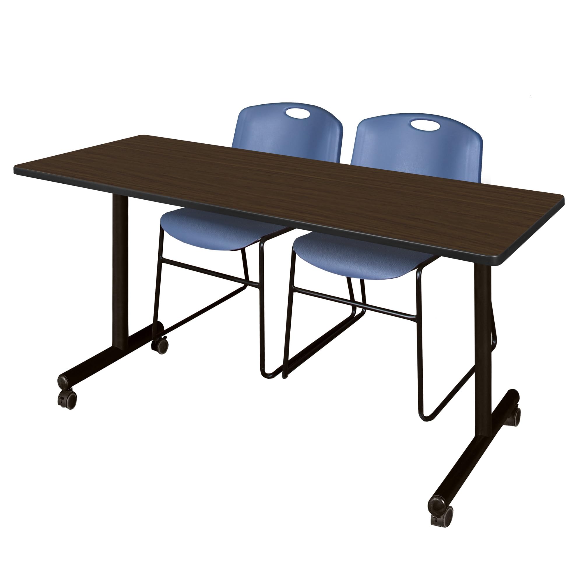 Regency Kobe 60 x 24 in. Mobile T-Base Training Table- Neo Walnut, 2 Zeng Stack Chairs- Blue
