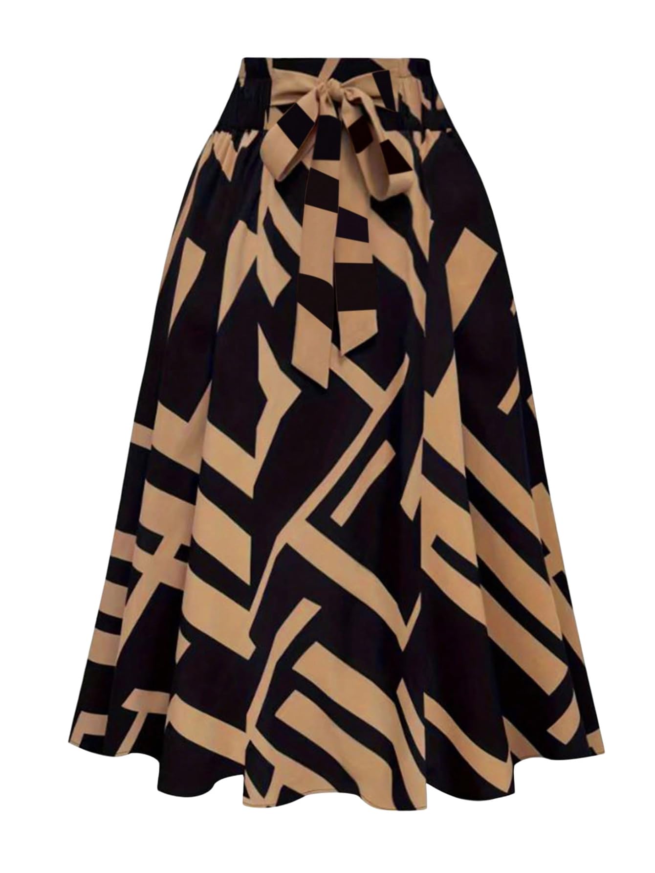 SHENHE Womens Pleated Bow Tie Geo Print Midi Length Skirt Elastic High Waist A Line Flowy Autumn Pleated