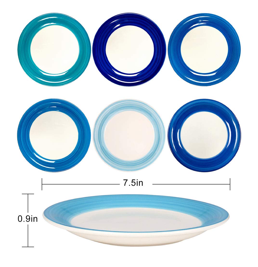 REOMORE Dessert Plates, 7.5 inch Ceramic Small Plates for Appetizer and Salad, Microwave and Dishwasher Safe Plates for Kitchen, Hand-painted Dinnerware Dish Set, Assorted Blue, Set of 6