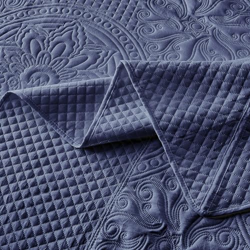 Qucover Oversized King Bedspread 128x120, Soft Microfiber King Size Bedspread Oversized, 3 Piece Ultrasonic Quilting Persian Pattern California King Quilt Set, Navy Blue