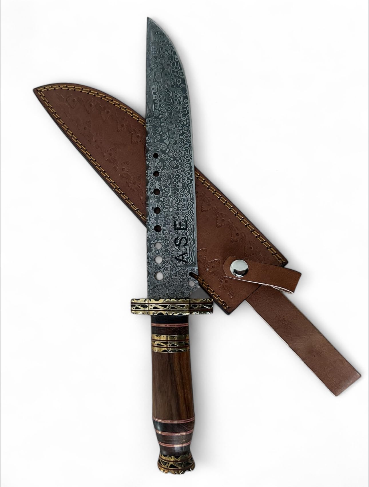Couteau artisanal forgé lame 25 cm acier carbone manche bois de rose et étui cuir