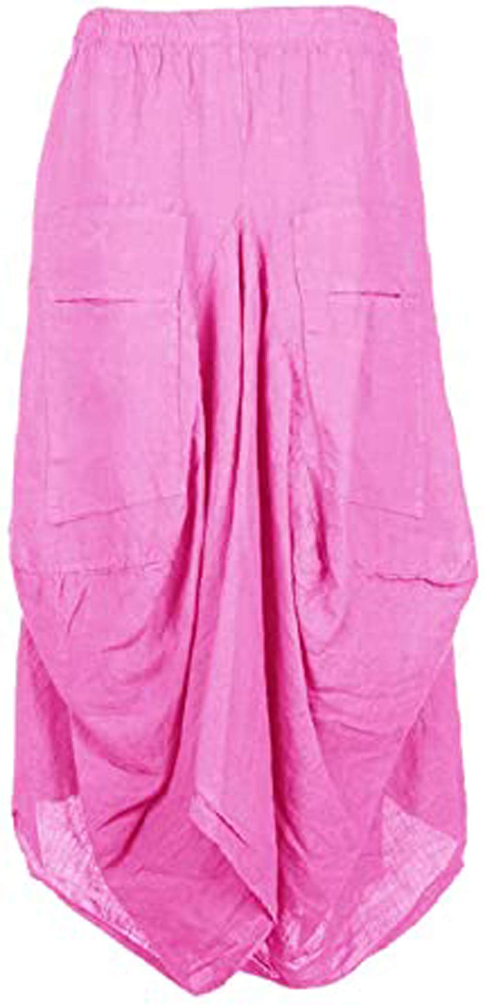 QMARTWomen Ladies Italian Lagenlook Elasticated Boho 2 Flap or Slit Pocket Tulip Parachute Harem Linen Trousers Womens Pants One Size 8-16