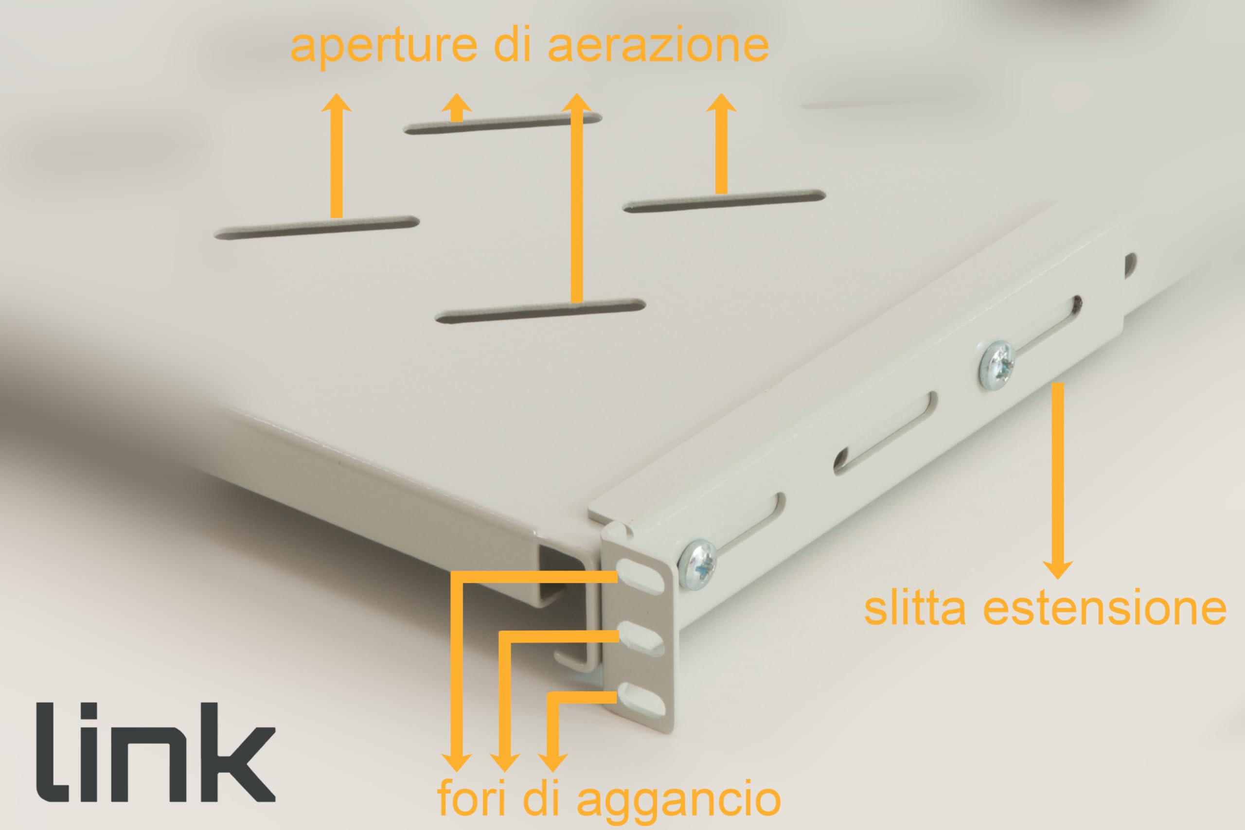 LINK LKRIP650A - Mensola in acciaio per armadio rack 19" (profondità 650 mm, grigio RAL7035, 1U, 1 pezzo) – Agganci anteriori e posteriori estendibili – Ripiano traforato con viti incluse