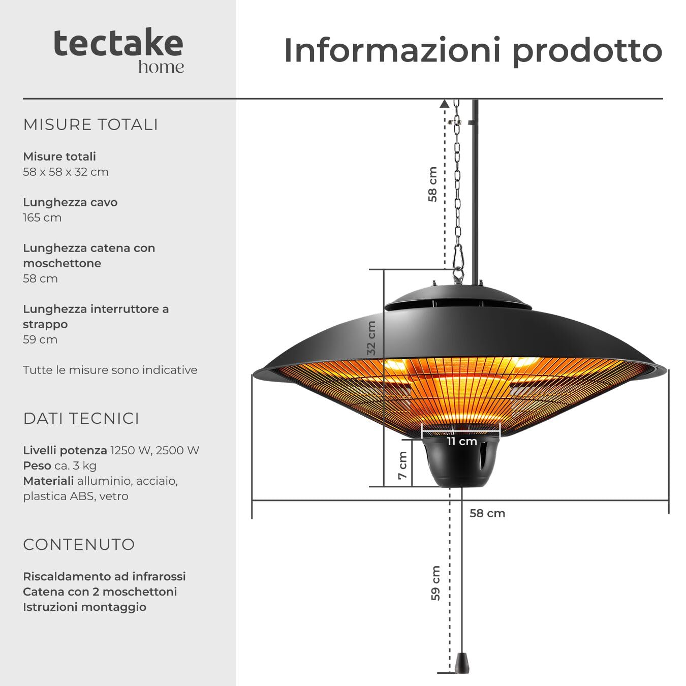 Tectake Riscaldatore a Infrarossi 2500W da Appendere, Struttura in Alluminio Inossidabile, Nero