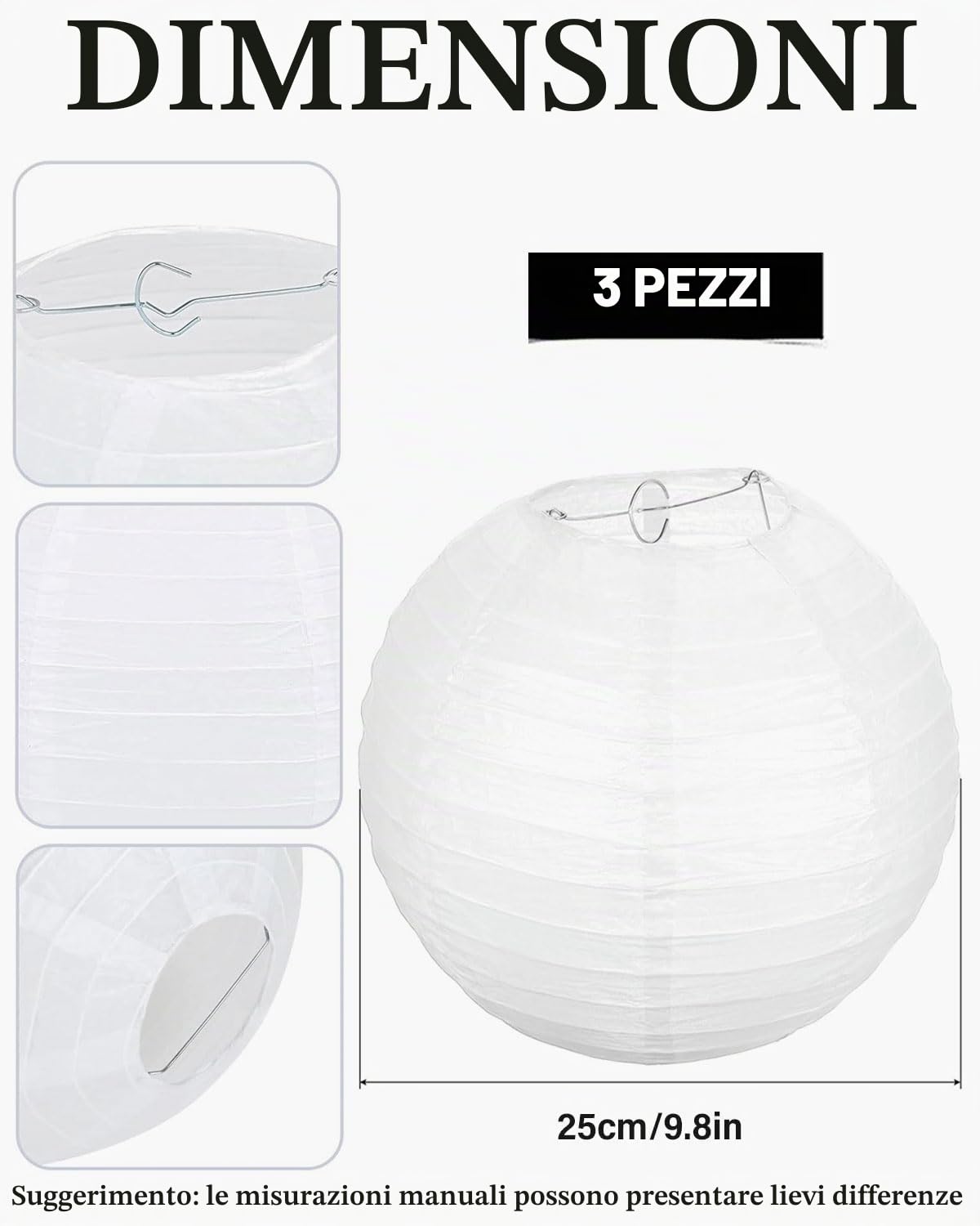 da 3 pezzi Set paralume, lanterna rotonda bianca, paralume lampadario, orologio di carta rotondo, paralume lampadario in tessuto piccolo da 25 cm, paralume rotondo bianco（25CM）