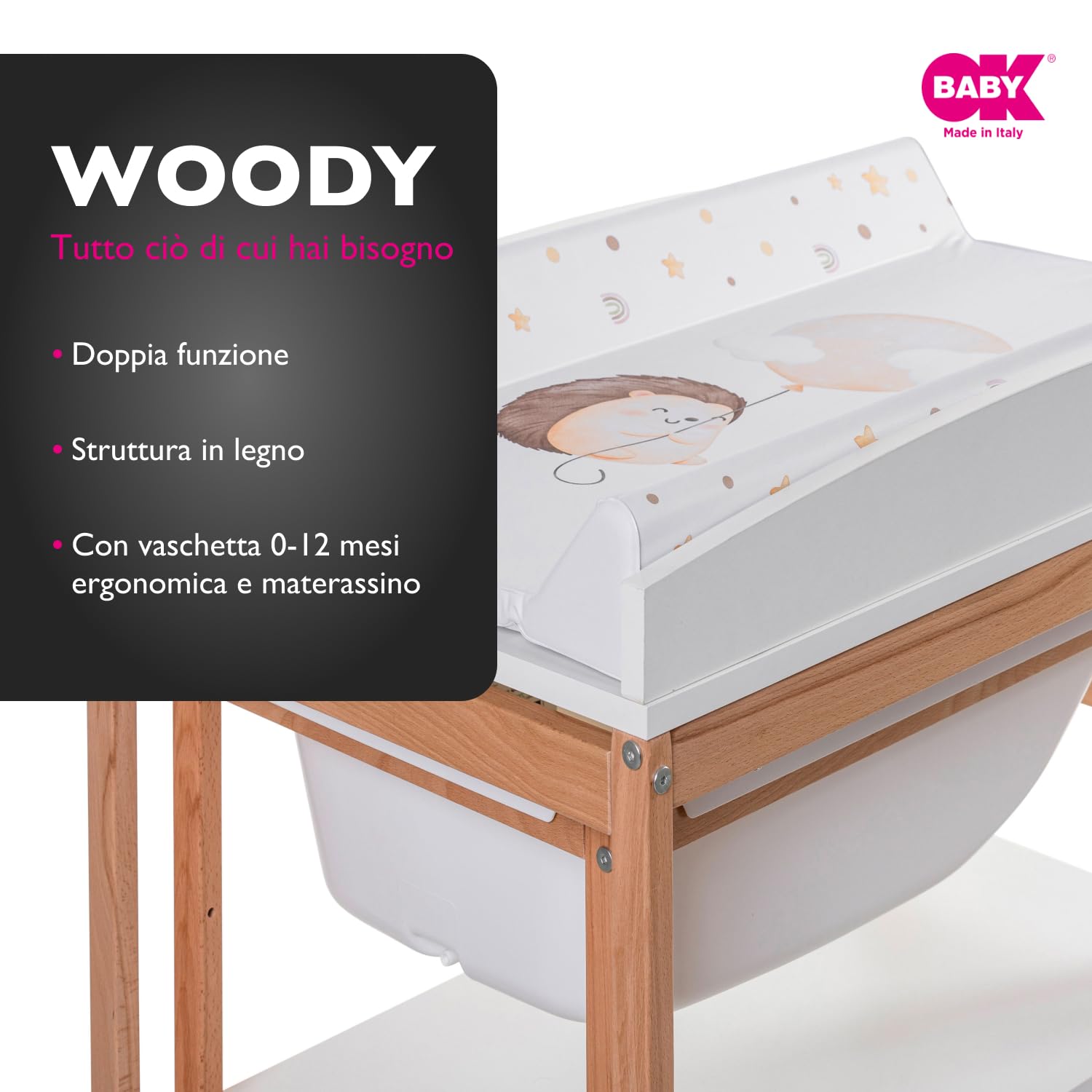 OKBABY Woody - Fasciatoio in Legno con Vaschetta Ergonomica e Ruote, Completo di Materassino Soffice per il Cambio del Neonato - 0-12 Mesi (11kg) - Bianco