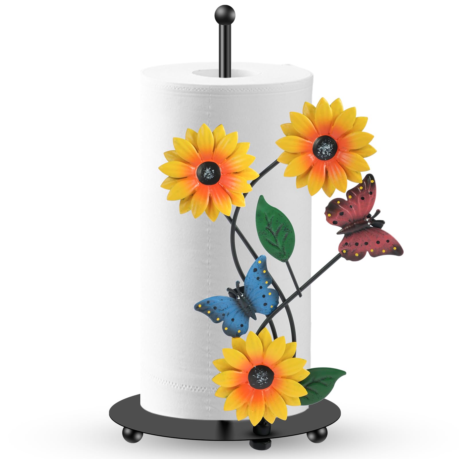 PATNFR Sunflower Paper Towel Holder, Kitchen Roll Holder Free Standing Black Iron Roll Paper Towel Stand Nonslip Bottom for Kitchen Countertop Garden Yard (Insect)