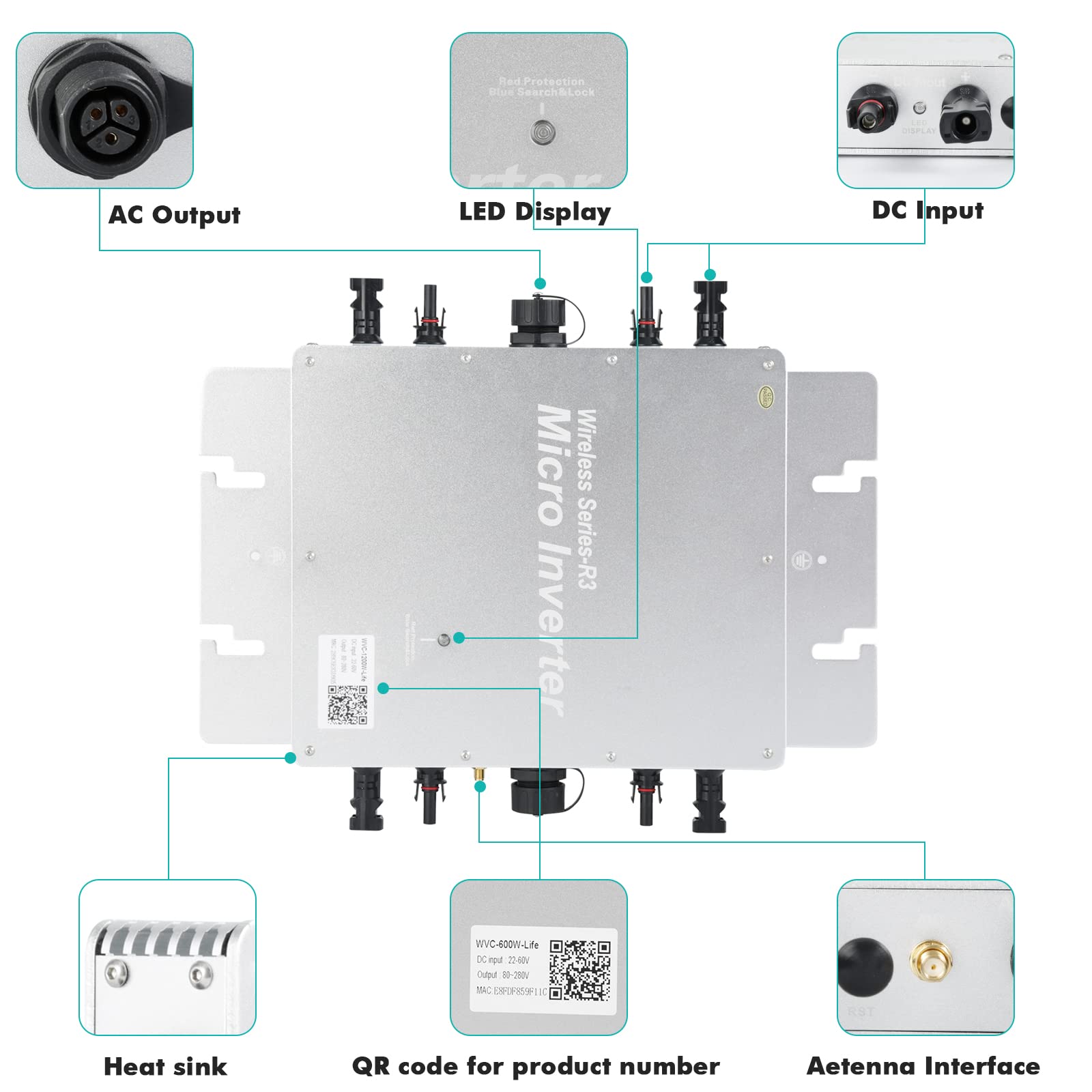 Micro Inverter Micro Solar Inverter MPPT Grid Tie Converter con sistema di monitoraggio del telefono cellulare WiFi(WVC-1600W)