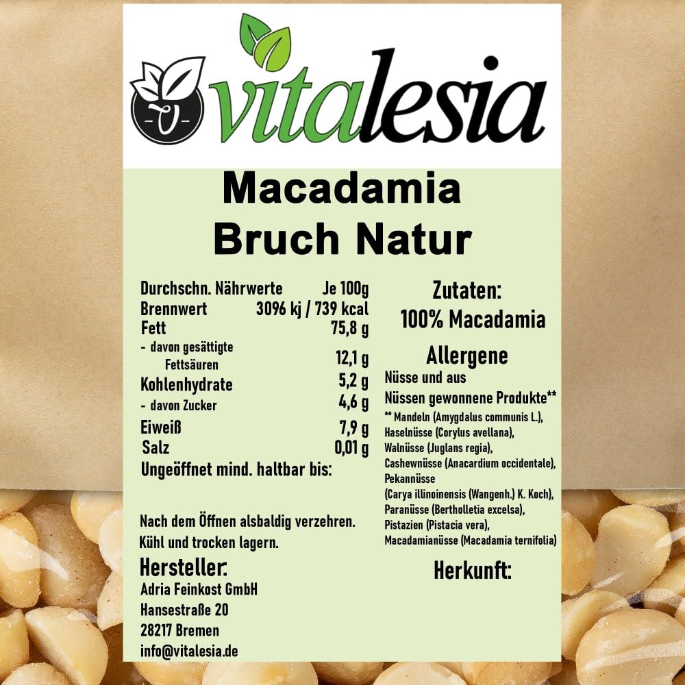 Vitalesia Macadamia Bruch 250g–2,5kg | naturbelassen, roh, ungeröstet & ungesalzen | Premium Macadamia Nüsse aus Südafrika | ideal zum Backen & Kochen | Macadamiabruch Rohkostqualität | vegan (2,5kg)