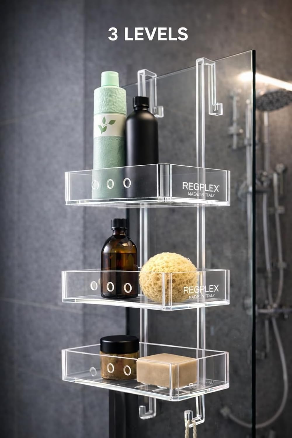 REGPLEX Porta Shampoo Doccia Plexiglass Trasparente Organizer Bagno 3 Mensole Montaggio Senza Viti Adatto Box 26-40 mm