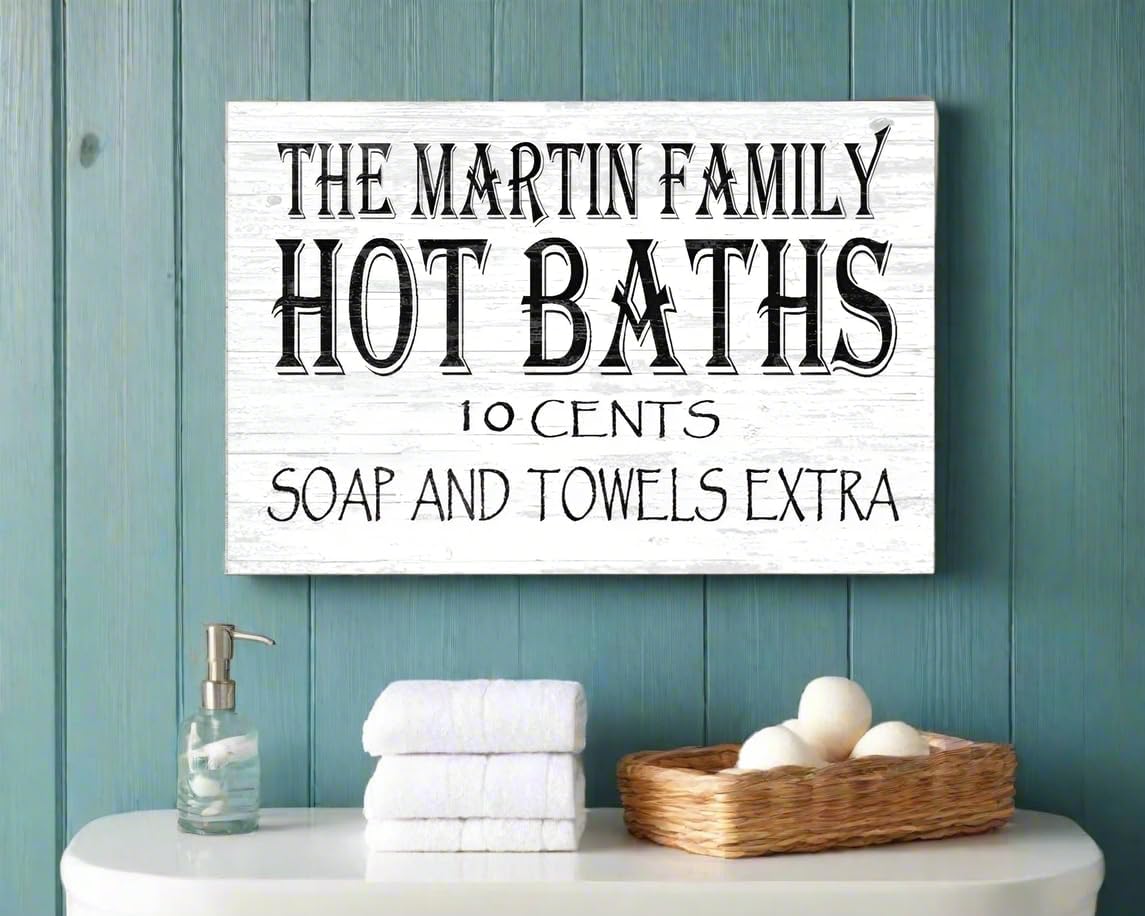 Vintage Bathroom Sign Funny Farmhouse Decor Personalized Family Name - SOLID WOOD - 16.5in x 10.5in (Hot Baths 10 Cents)