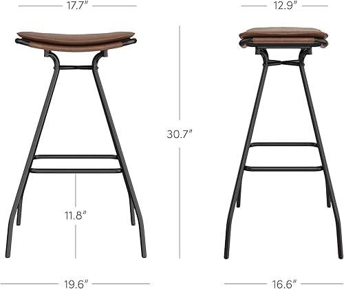 Miniatura 29 de Nathan James 22201 Arlo - Taburete de bar tapizado moderno sin espalda con asiento de sillín de doble capa y base de metal, gris/negro mate Plumas