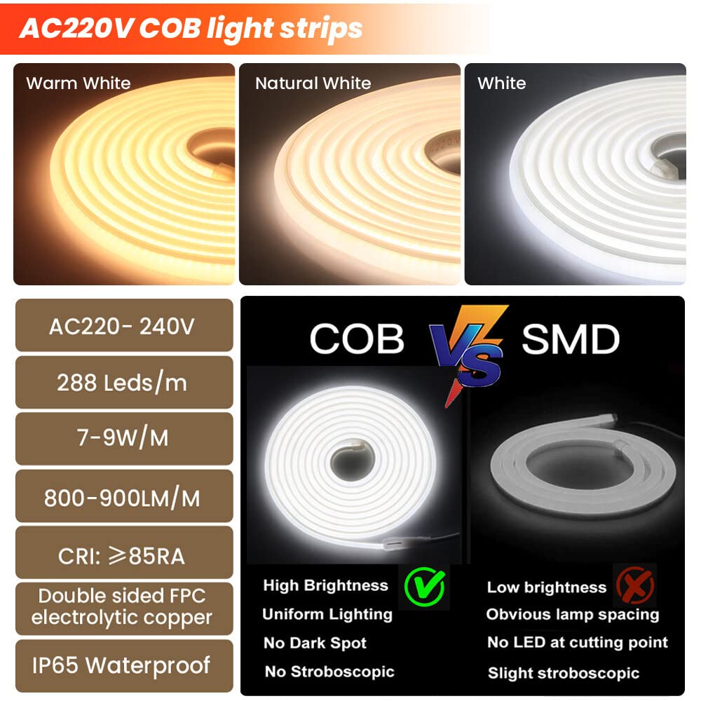 XUNATA 30m LED Neon Flexible 220V, Alto brillo 288 LED/m Tira de LED COB con Interruptor, Cada Corte de 50 cm, IP65 Impermeable, Luz de Cuerda- Blanco Natural