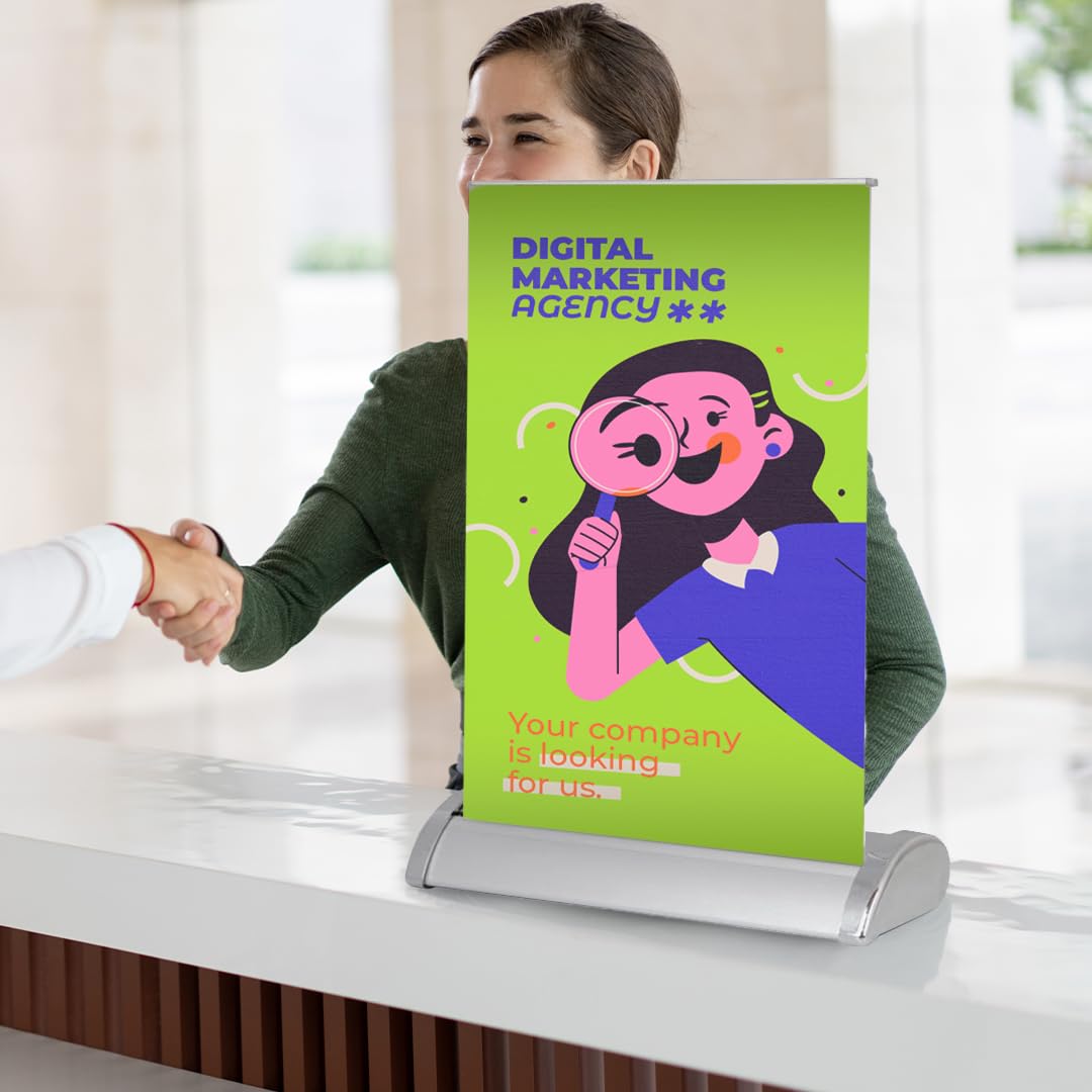 Mini Roll Up personalizado en A4 (21x29,7 cm) | Expositor publicitario de sobremesa con impresión incluida | Estructura retráctil en plateado