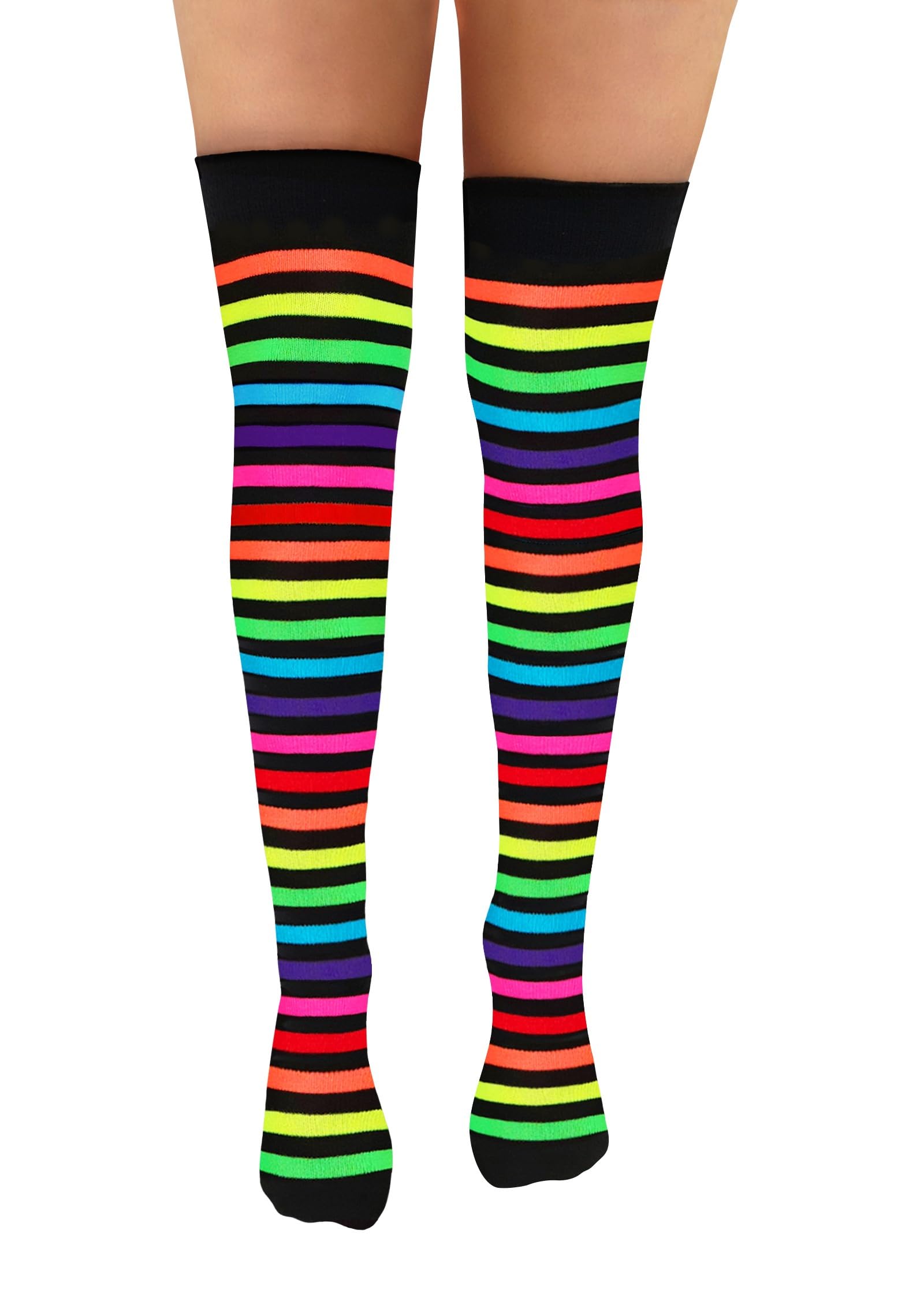 Nujake Girls Black With Multi Multicoloured Striped Over The Knee Socks Cotton Rich Cosplay Uk 4-5.5