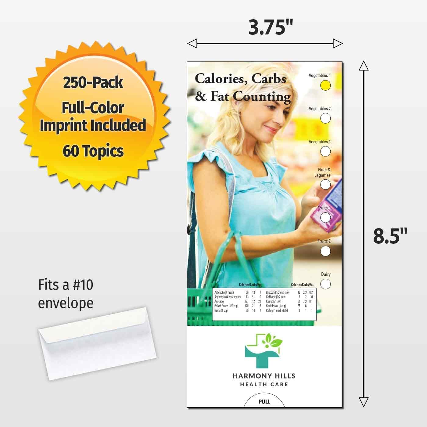 ZOCO – Calories, Carbs & Fat Counting Slide Charts – Pack of 250 – Custom Logo & Text – Nutrition & Fast Food Reference Handouts for Dietitians, Clinics & Gyms – 3.75 x 8.5 Inches