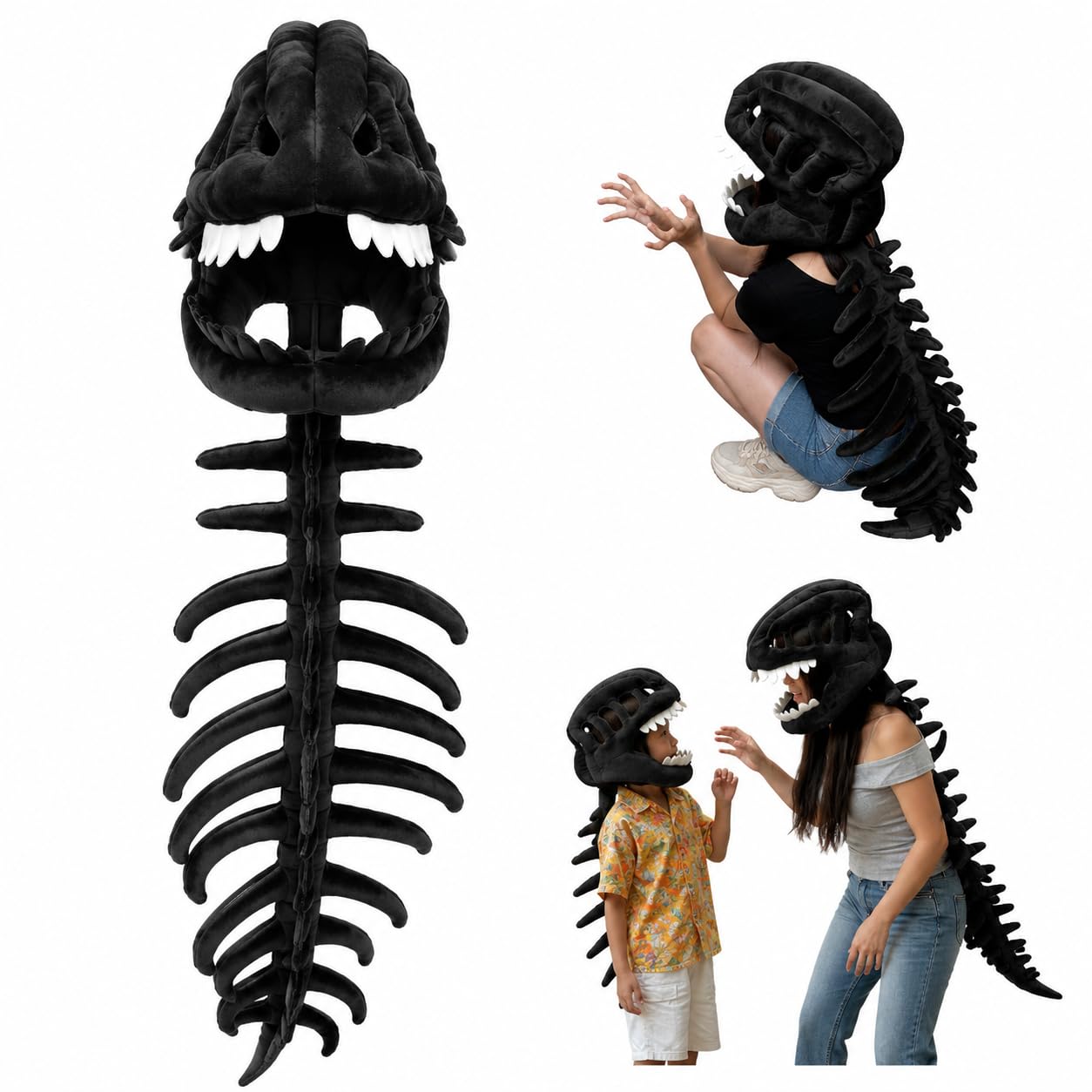 AvviKro Dinosaur Skeleton Costume, Plush Dinosaur Skull Mask with Spine Tail, Dino Cosplay Headgear for Halloween Party (Black,35.4in)