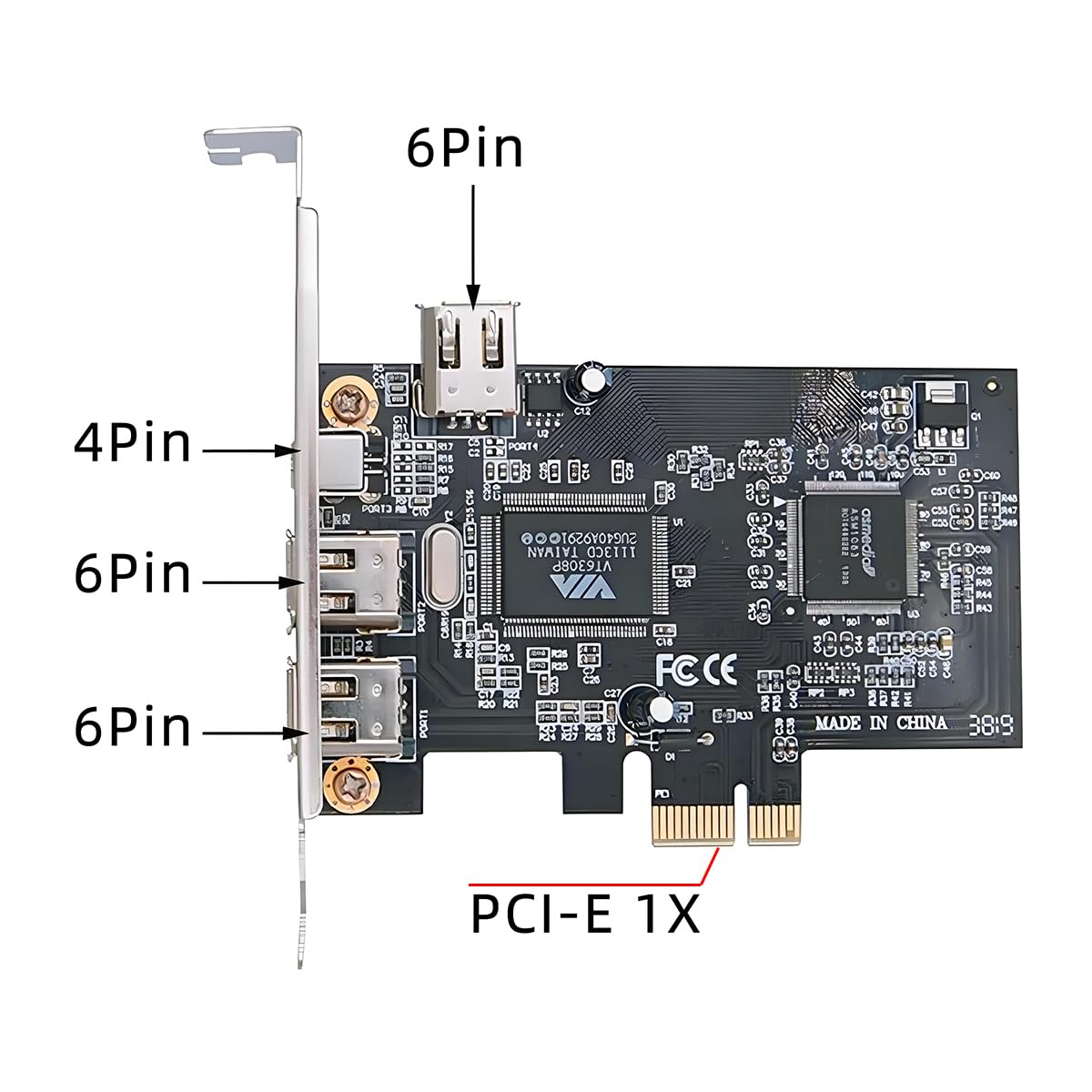 Carte PCI-E 1X 4X 16X vers Firewire 400, Carte de Capture IEEE 1394a PCI Express 4 Ports, Adaptateur IEEE-1394 400 Mbps 6 Broches et 4 Broches pour Windows, Mac OS et Linux