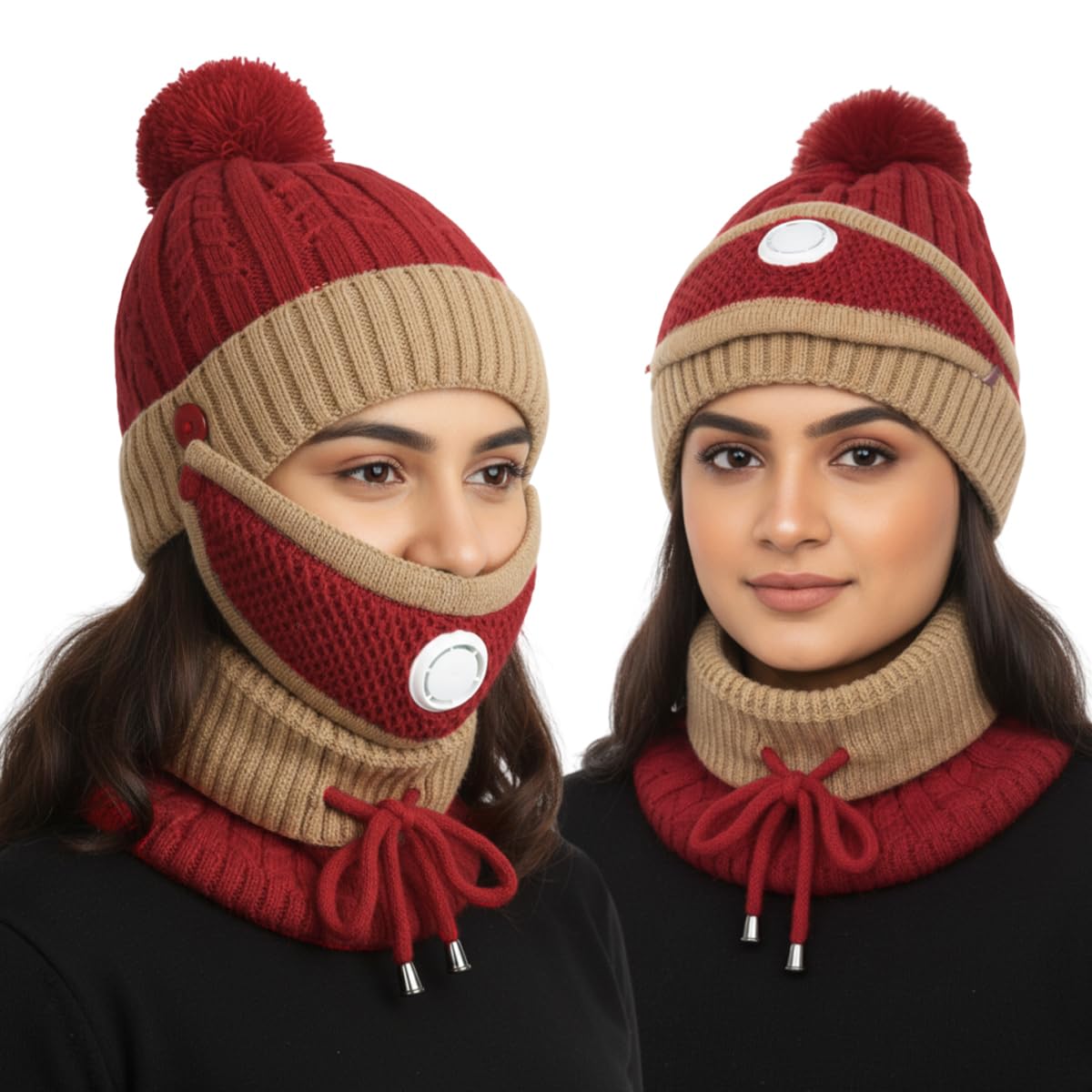 Winter Cap for Women, 3 in 1 Knitted Warm Hat with Face Mask & Adjustable Neck Gaiter, Thermal Plush Lined Outdoor Hat Gift