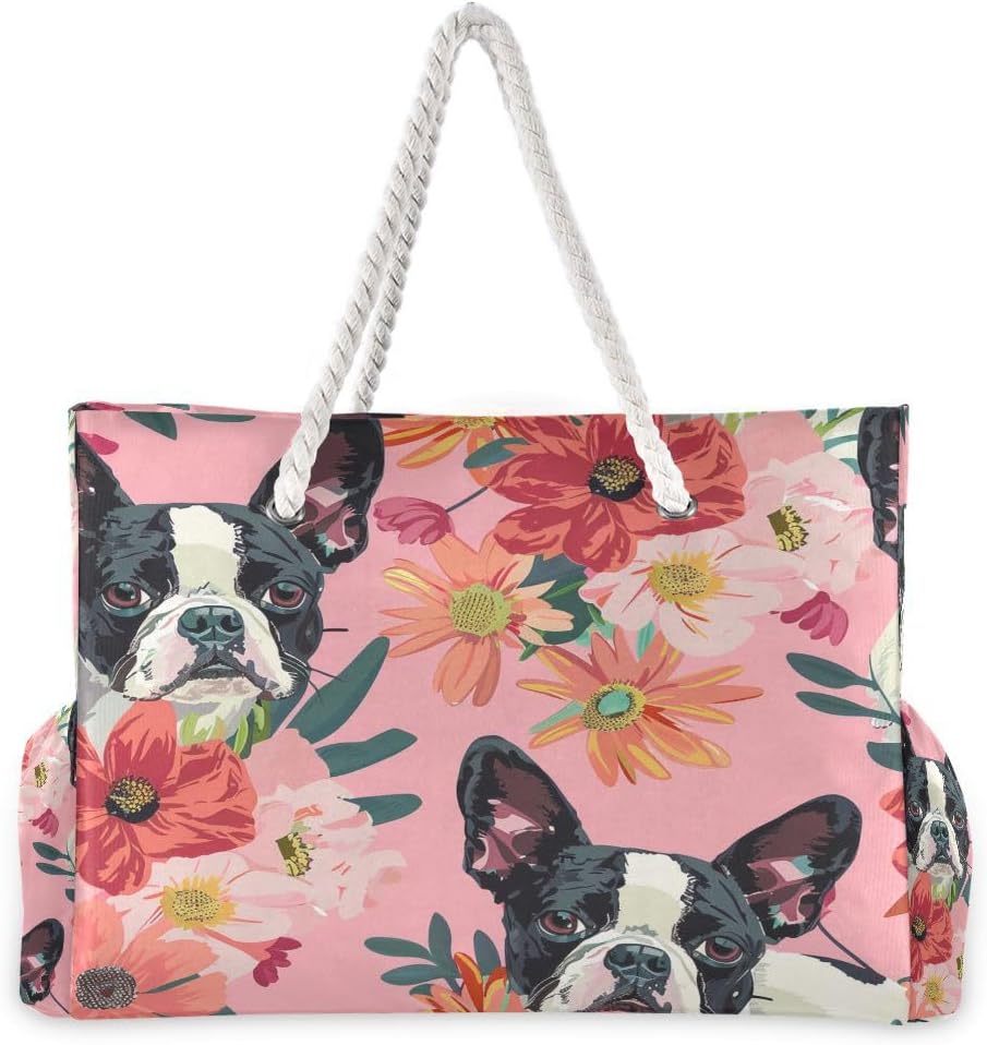 Women Large Beach Bag Boston Terrier Flowers Travel Tote Bags for Gym Sport Shoulder Bag