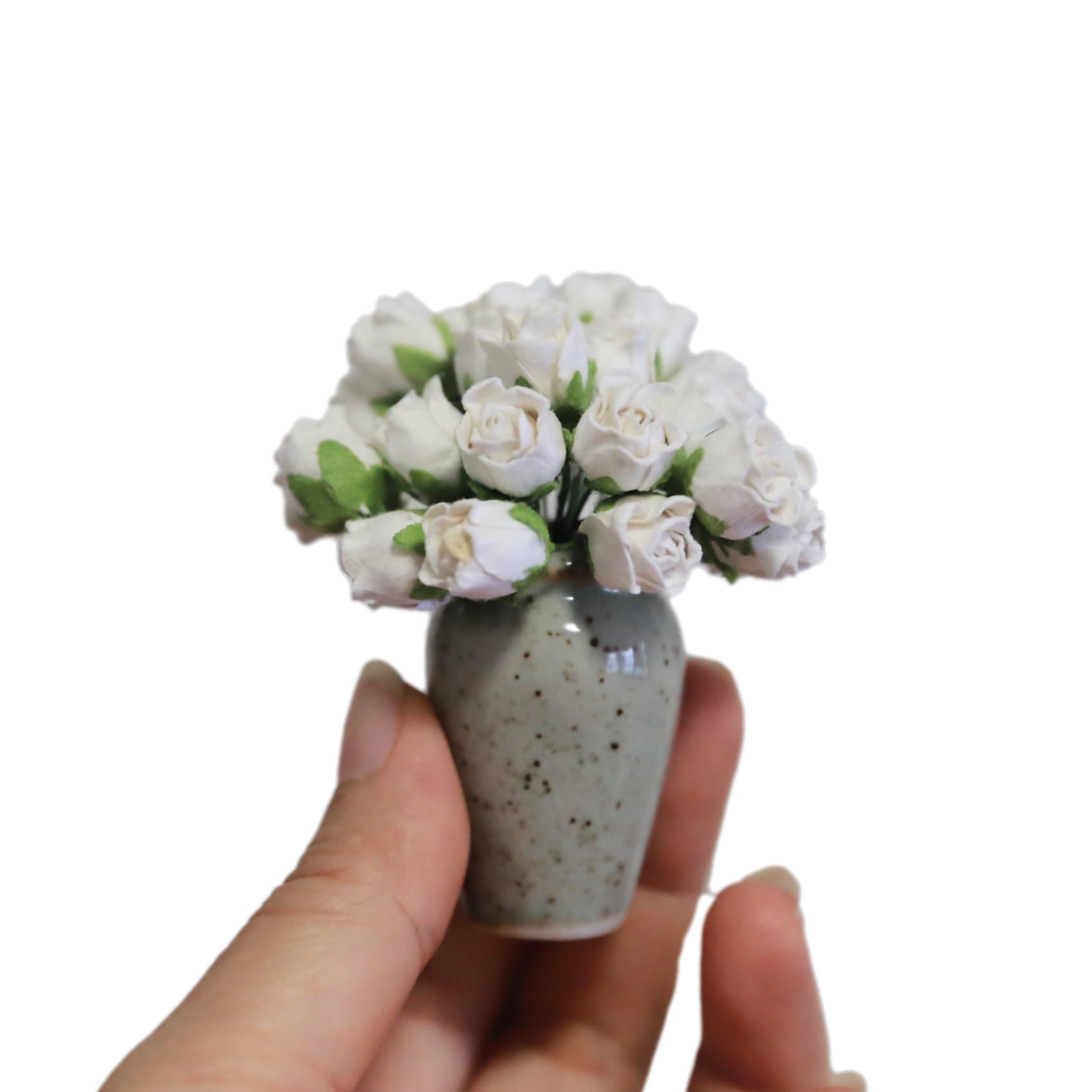 Miniature Ceramic Flower Vase with White Roses, Handcrafted Pottery, 2.3 Inch, Dollhouse Decor for 1:6 and 1:12 Scale DIY Arrangement