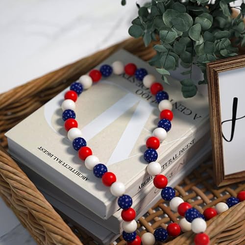 Miniatura 6 de YuanDe - Guirnalda de cuentas de madera con gnomo patriótico, 2 cuentas de oración para colgar en la pared, adornos patrióticos del Día de la