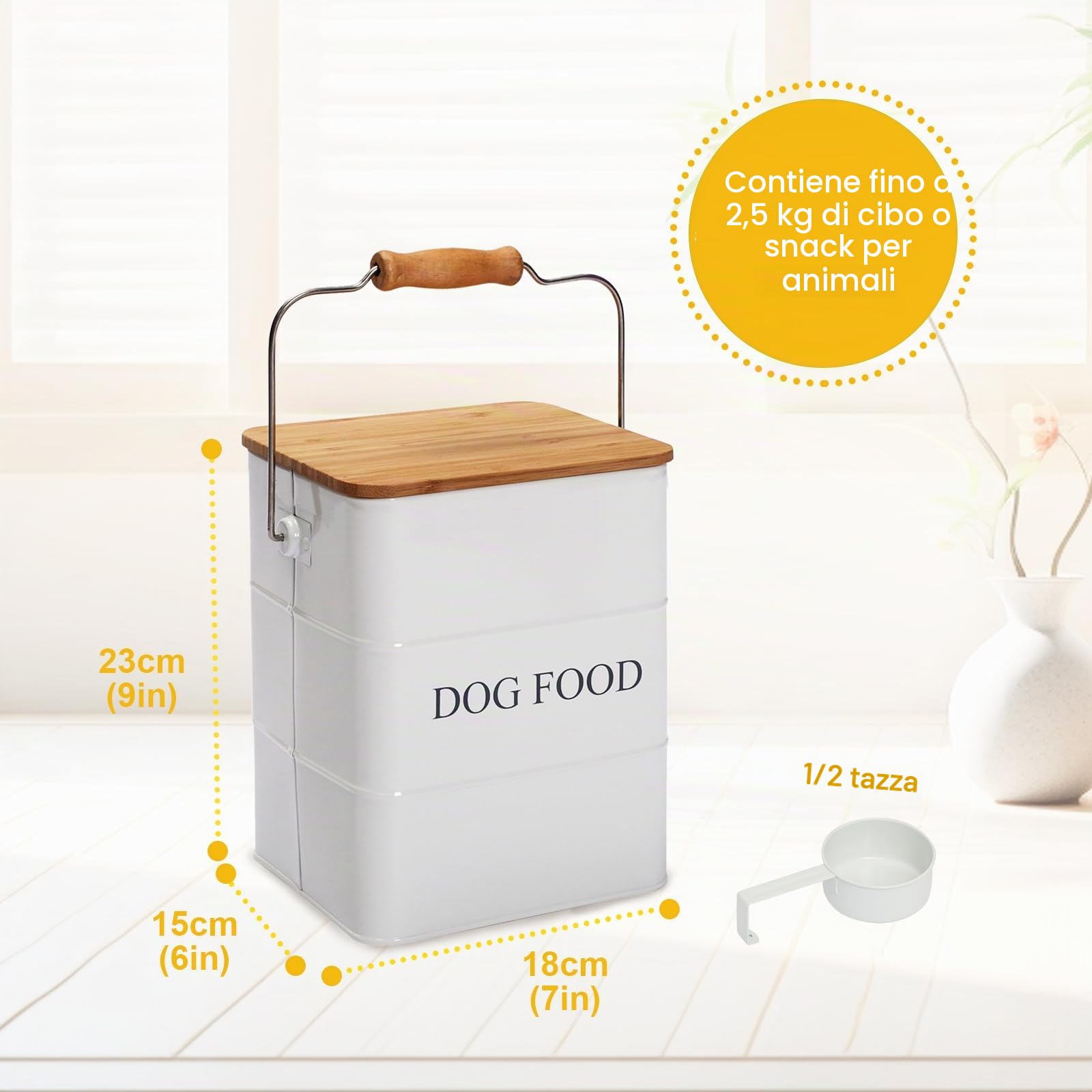 Geyecete Contenitore Crocchette Cane-6L Contenitore per Alimenti in Metallo con Ermetici Legno Coperchi/Maniglia,per Cibo per Gatti, Cani
