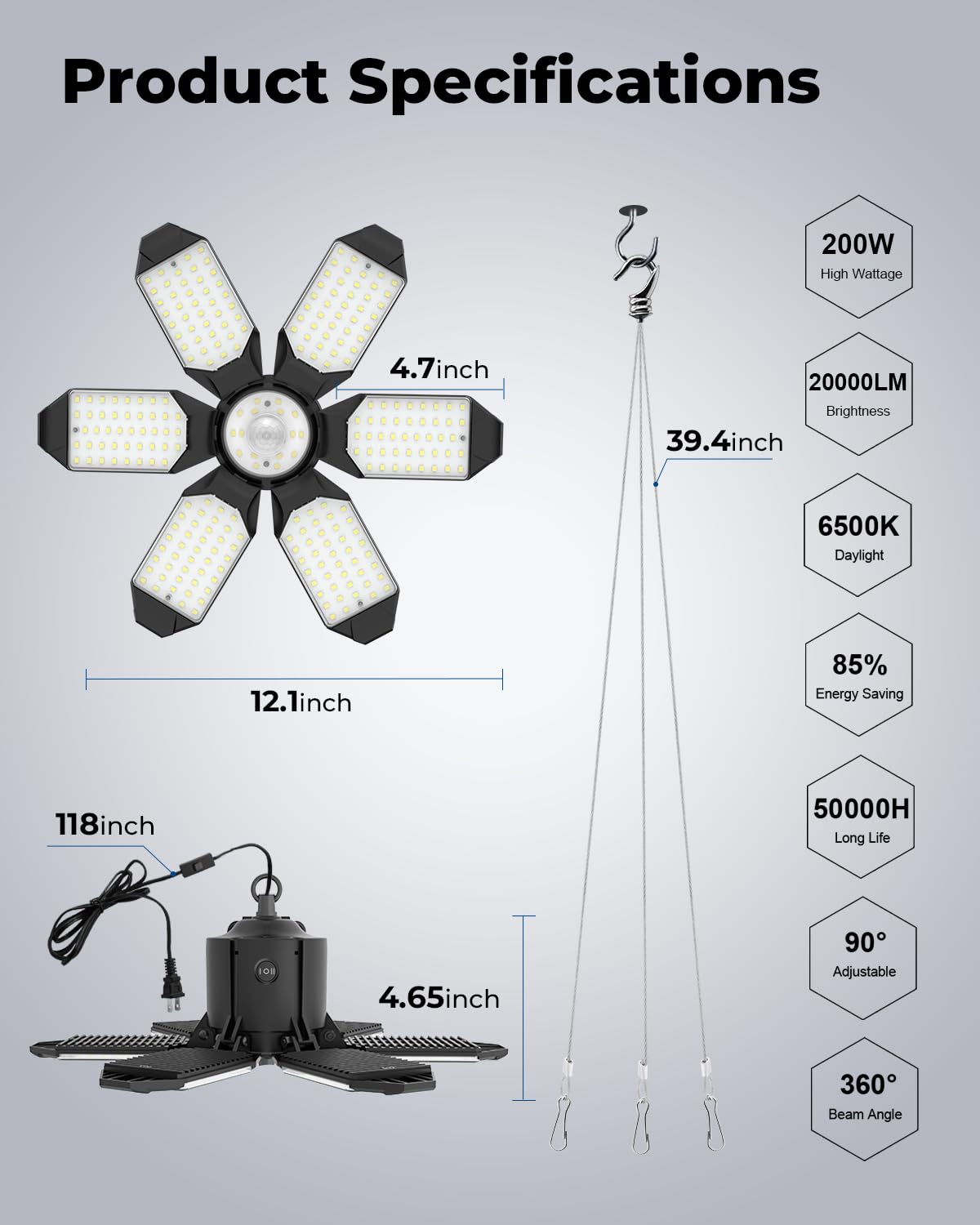 2 Pack Motion Sensor Garage Light Plug in - Ultra Bright 20000LM Motion Activated Shop Light with 3 — view 7