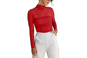 Women's Trendy Plus Size Sheer Mesh Ruched Mock Turtle Neck Bodycon Bodysuits