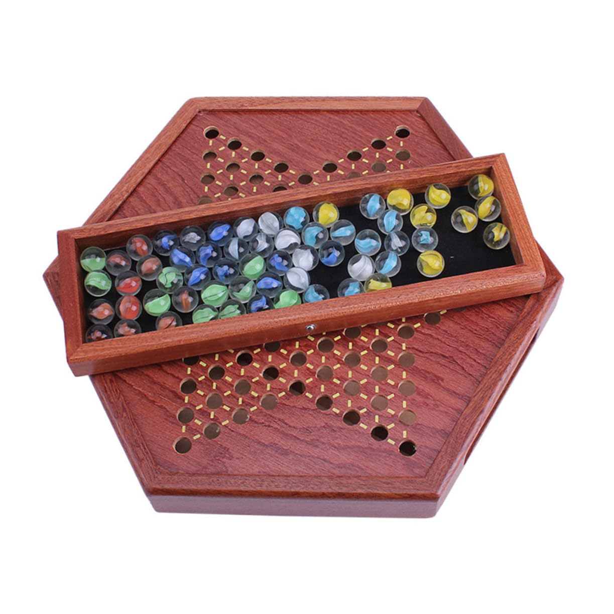 ibasenice Gioco da Tavolo in Legno Esagonale per Ragazzo Ragazza e Adulti con Biglie Colorate e Cassetto Porta Biglie per Intrattenimento Famigliare