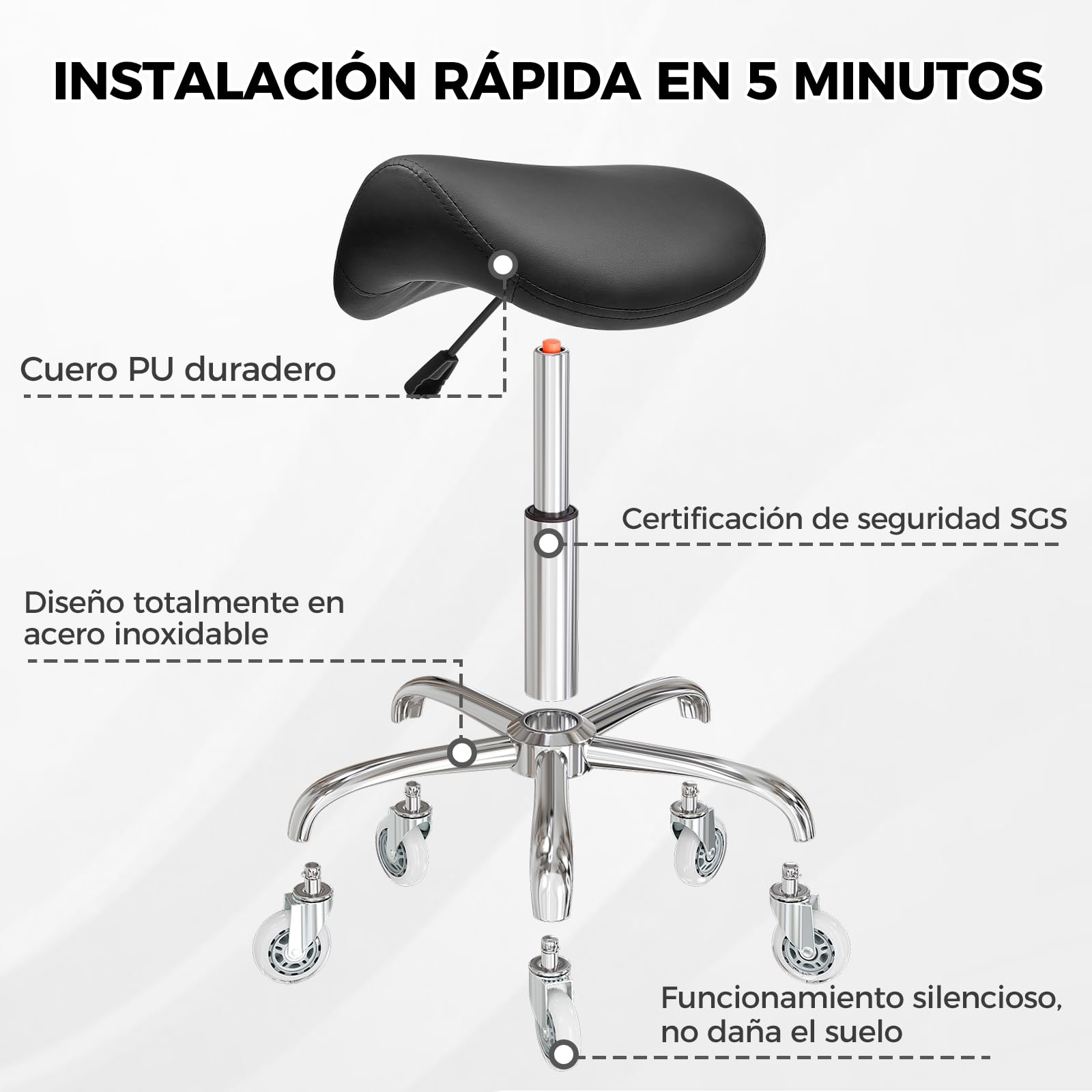 BEWISHOME Taburete Ergonómico de Silla de Montar con Ruedas, Ajuste Hidráulico Altura, Cojín Asiento Más Ancho, Adecuado a Peluquerías, Oficinas, Centros Masajes y Salones Belleza (Negro)