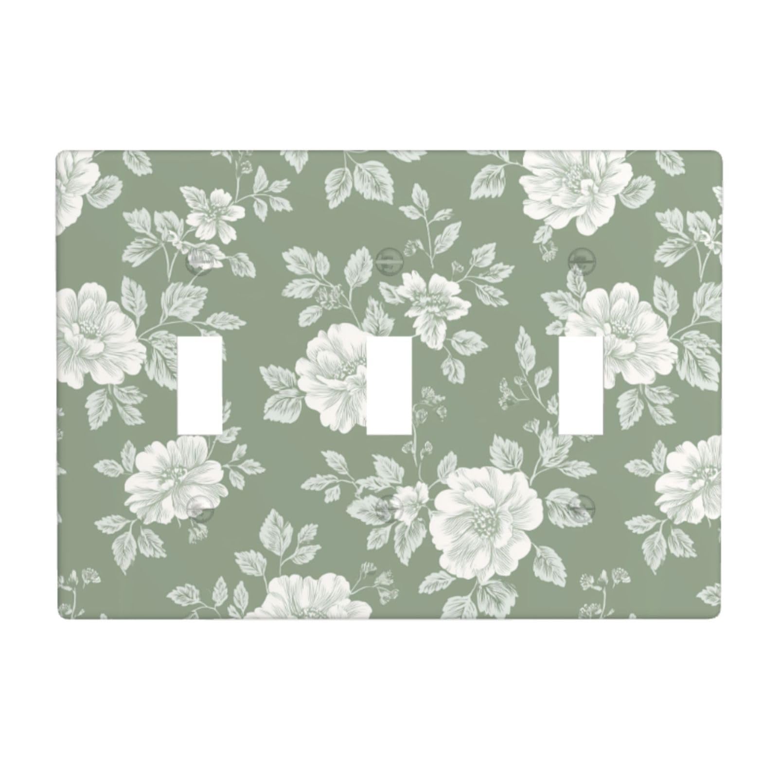 Cottage Floral Light Sage and White Light Switch Covers 3 Gang Triple Toggle Wall Plate Switchplate Electrical Faceplate for Bathroom Kitchen Bedroom Decor